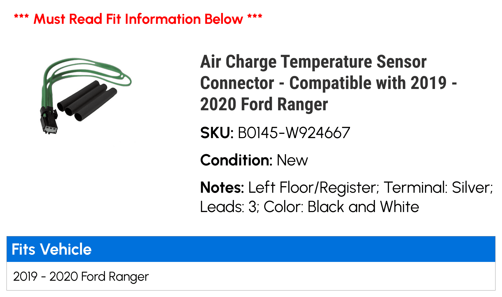 Air Charge Temperature Sensor Connector - Compatible with 2019 - 2020 Ford Ranger 2021