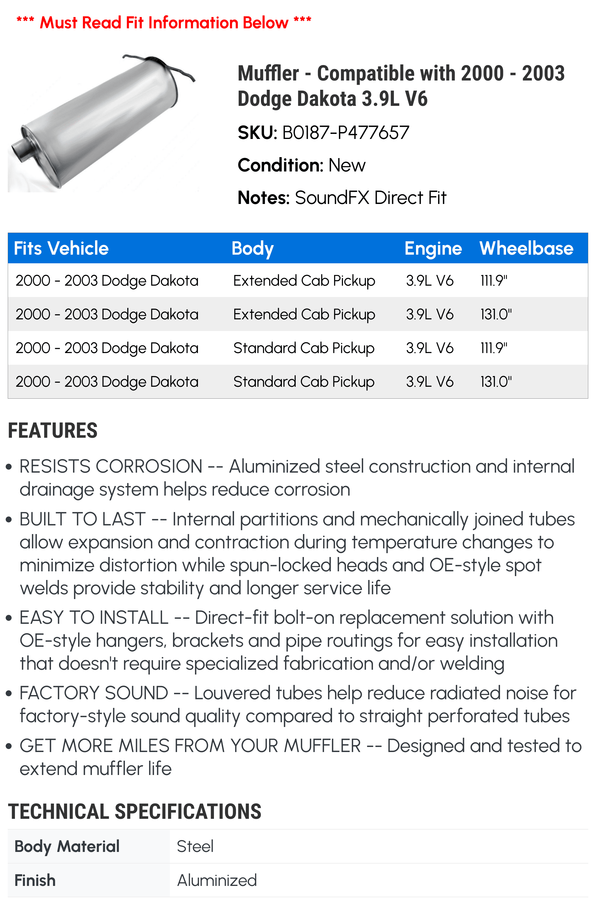 Muffler - Compatible with 2000 - 2003 Dodge Dakota 3.9L V6 2001 2002