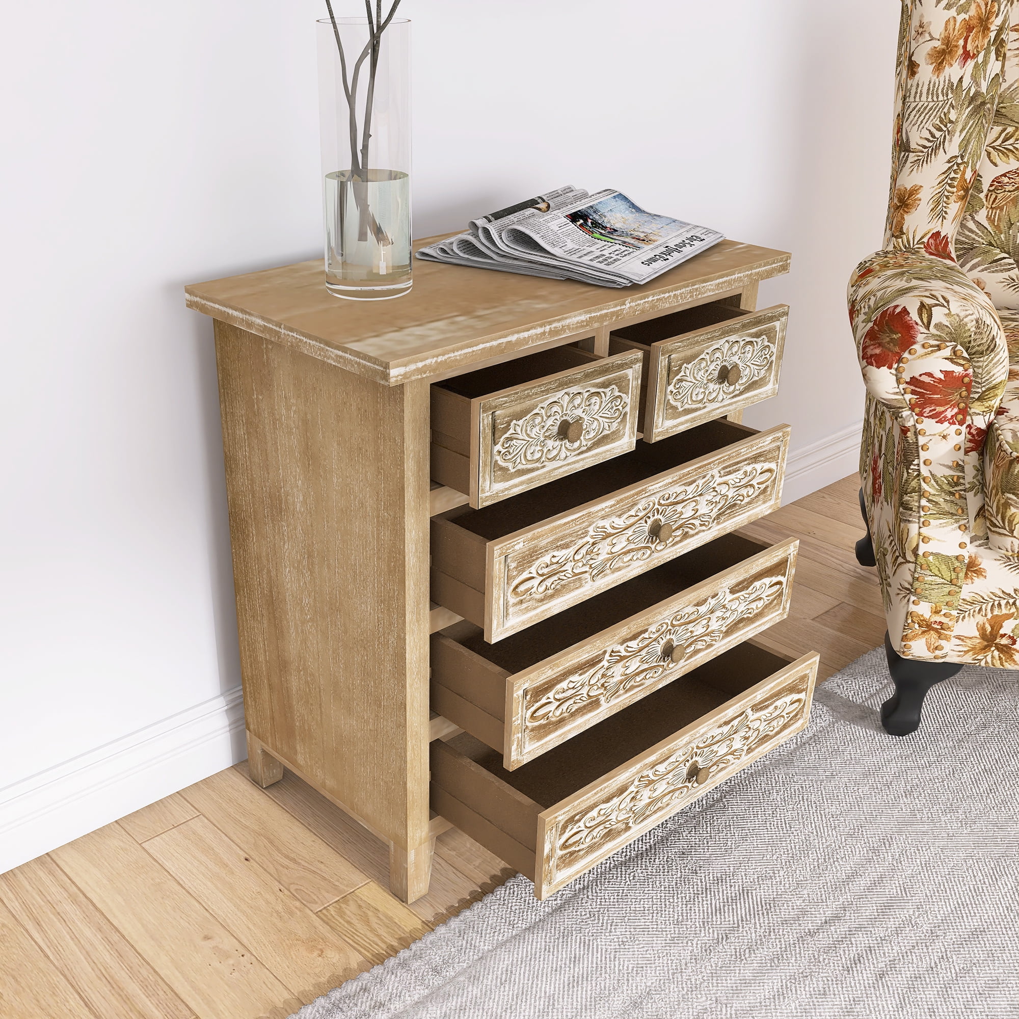 Hand-Carved 5-Drawer Accent Drawer - 40.0 | Elevate Your Space