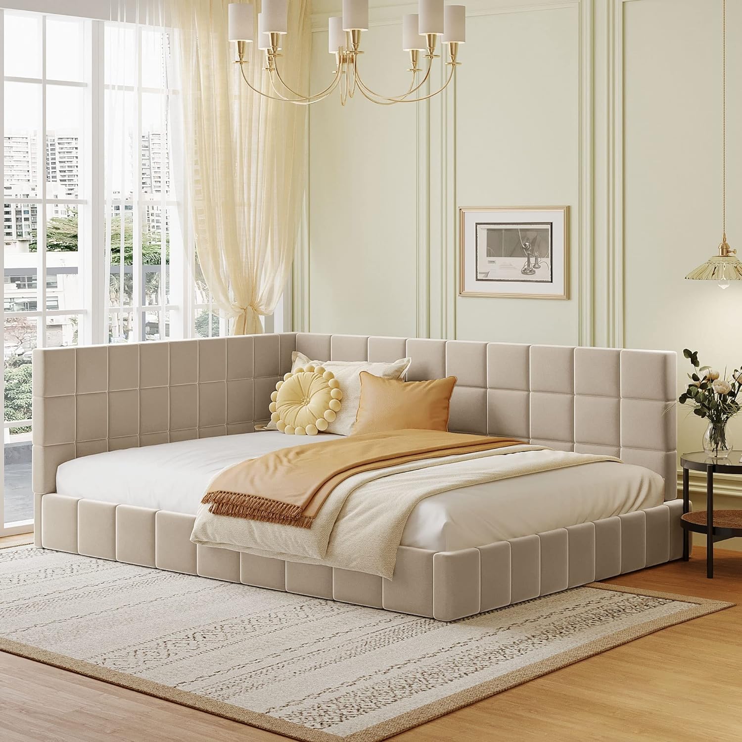 Full Size Upholsered Daybed, Wood L-Shape Daybed Frame, Velve ufed Sofa Bed Wih Wood Slas For Living Room, Bedroom, Gues Room, Beige