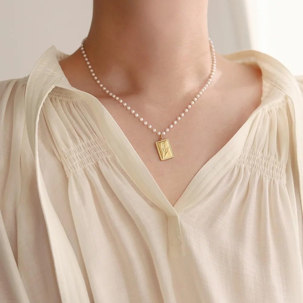 Tulip Flower Square Pendant Pearl 18K Gold Plated Chain Necklace,Gothic Pearl Beaded Strand Necklace