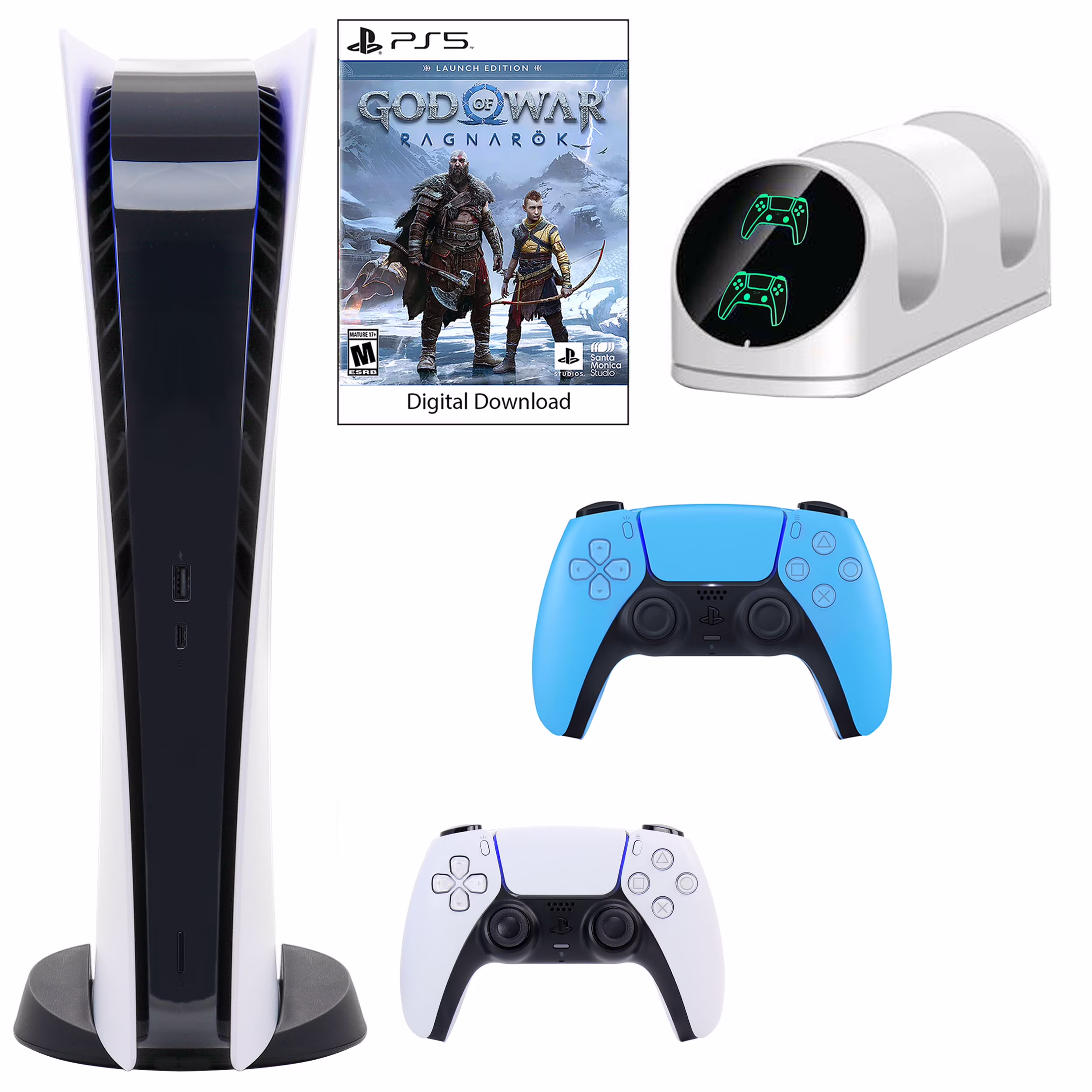 Sony PlayStation 5 Digital GOW Console with Extra Blue Dualsense Controller and Dual Charging Dock