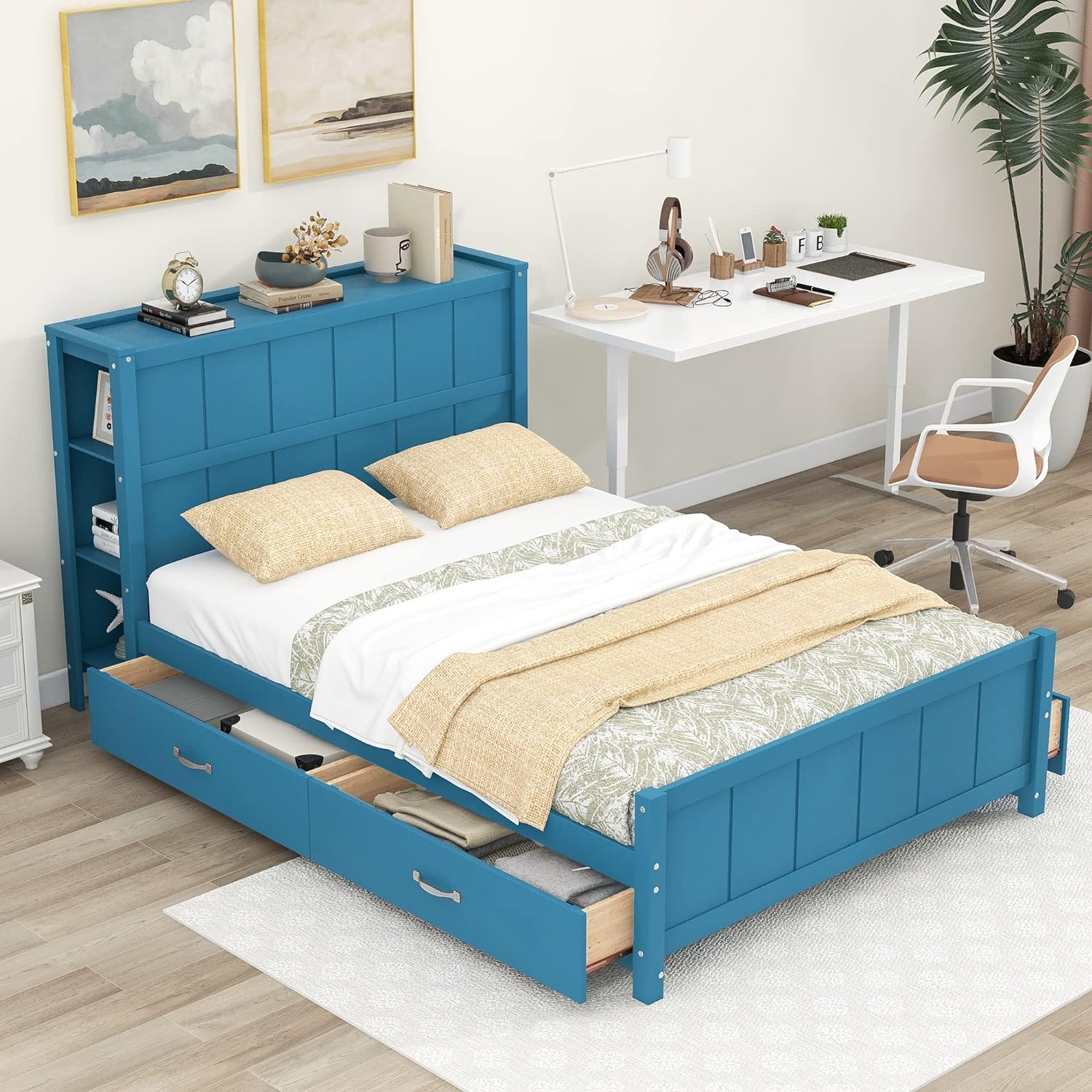 Full Size Platform Bed With Storage Drawer And Shelves,Wooden Full Bed Frame With Headboard And Footboard For Kids, Teens, Adults(Blue)