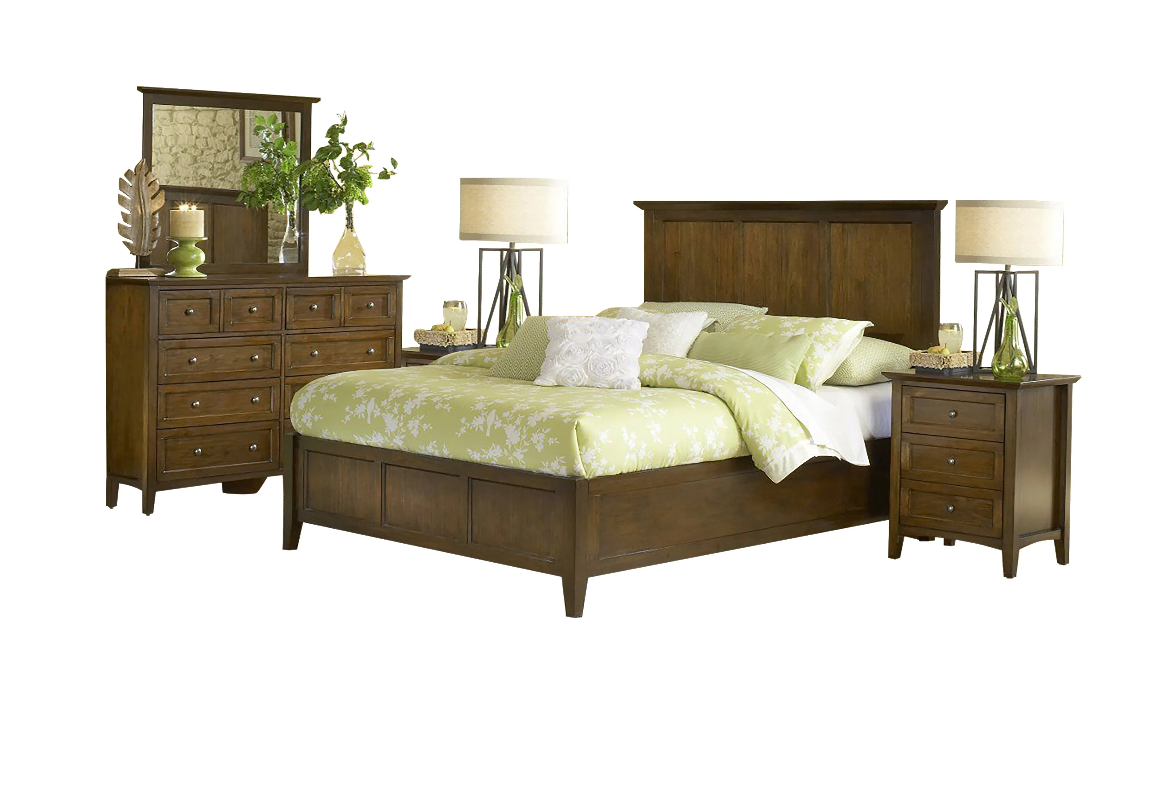 Pantego 5PC Cal King Bed, 2 Nightstand, Dresser & Mirror Set in Pecan Mahogany