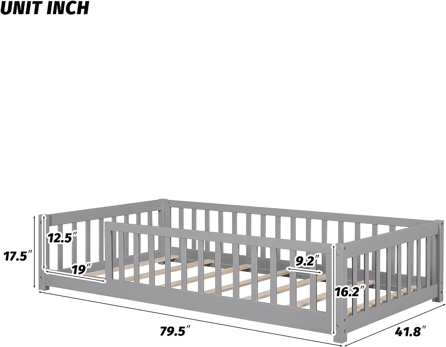 Floor Bed Wih Fence, Wooden Monessori Plaform Bed Frame For Kids, Boys Girls, Slas Included, No Box Spring Needed ( Size, Gray)