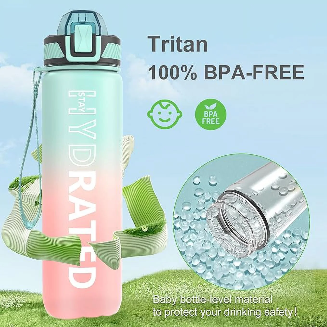 Water Bottle with Straw, 32 oz Motivational Water Bottles with Time Marker to Drink, Tritan BPA Free, 1L Sports Water Bottle with Carry Strap LeakProof for Women Men Gym Fitness Outdoor (1 Pack)