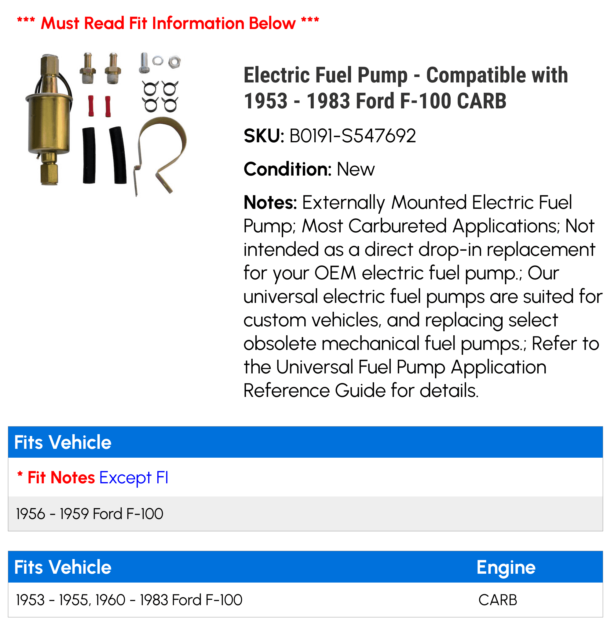 Electric Fuel Pump - Compatible with 1953 - 1983 Ford F-100 CARB 1954 1955 1956 1957 1958 1959 1960 1961 1962 1963 1964 1965 1966 1967 1968 1969 1970 1971 1972 1973 1974 1975 1976 1977 1978 1979