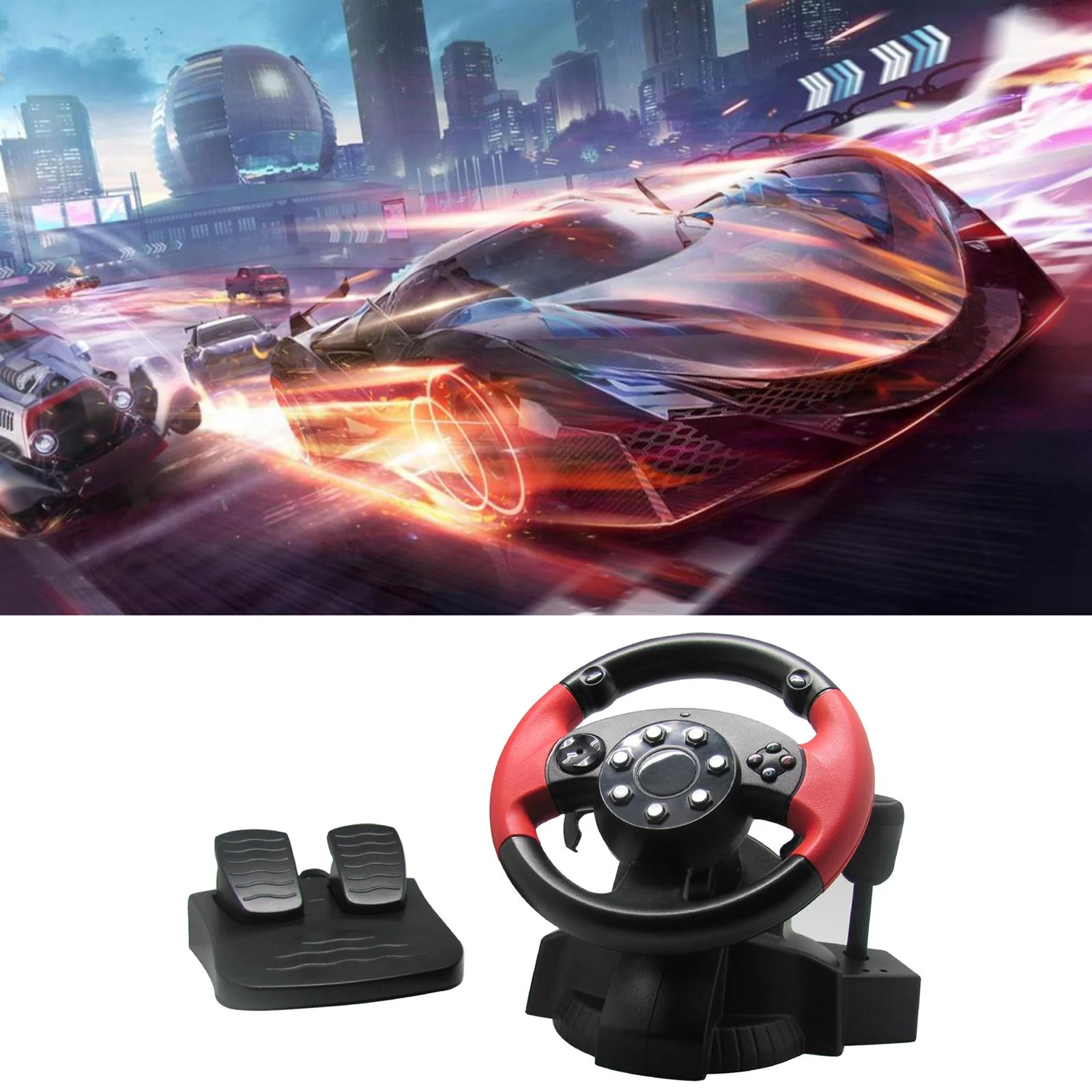 Wheel, Vibration 200 Degree Universal Usb Truck Race Steering Wheel with Pedals Set, 3, ()