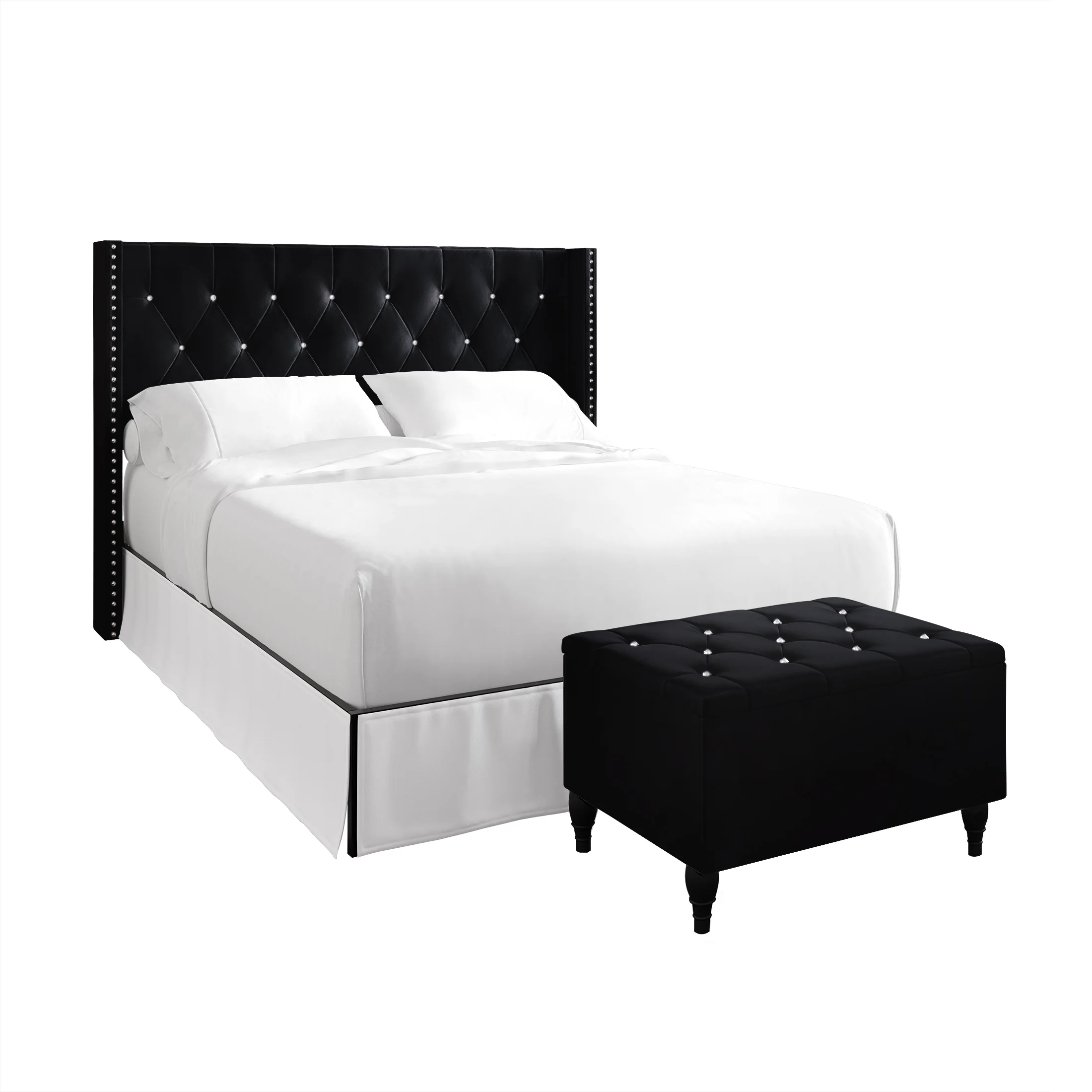 Castle Place Button Tufted Wingback Velvet Upholstered Bed with Storage Bench, Black, King