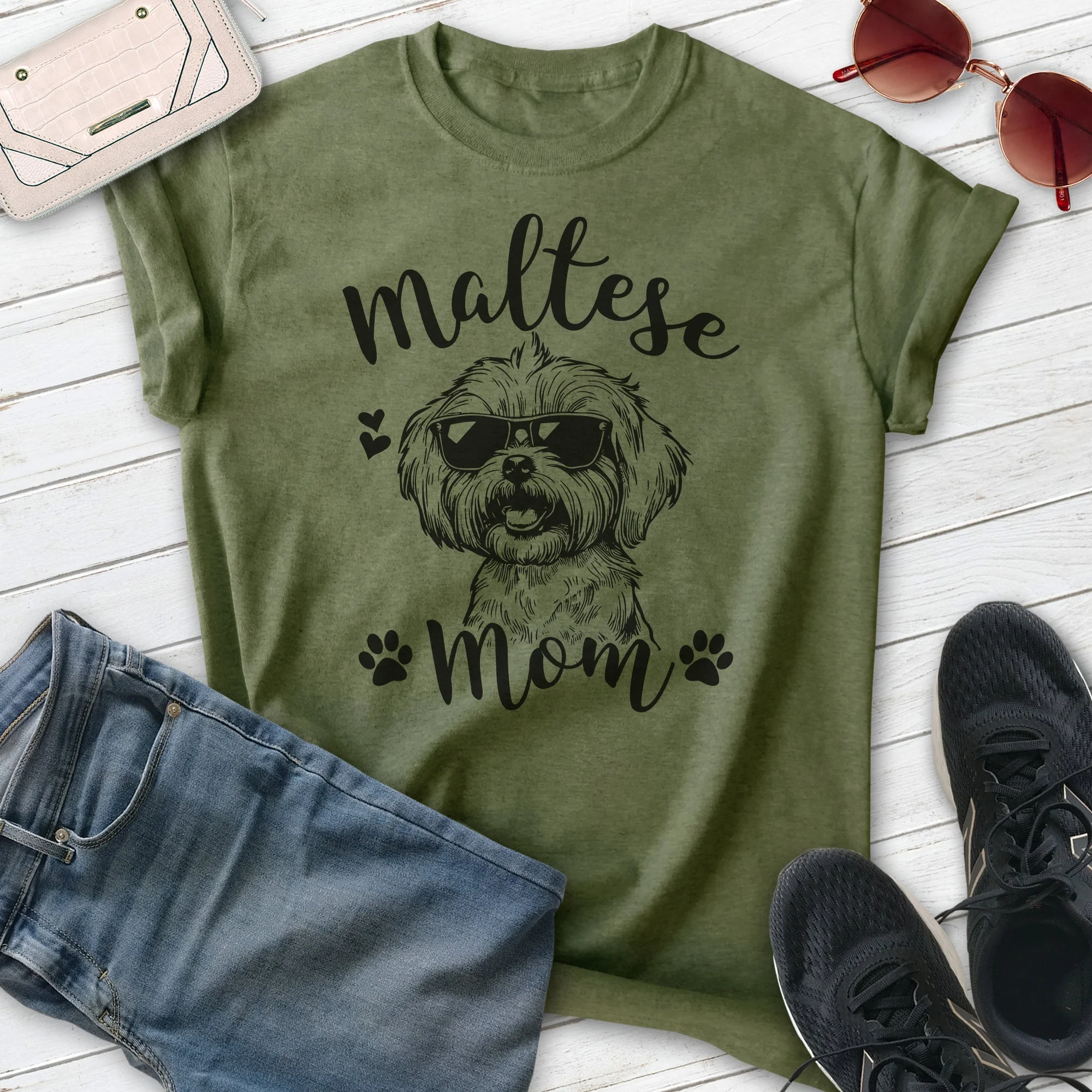 Maltese Mom, Unisex Women's Shirt, Maltese Owner, Funny Dog Mom Gift, Heather Military Green, Small