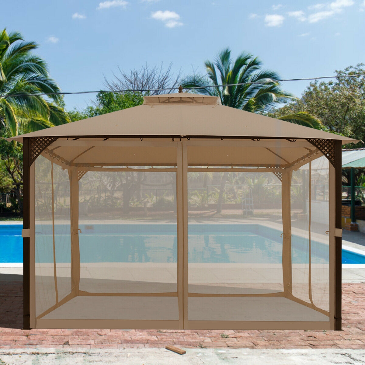Forclover 12' x 10' Outdoor Patio Gazebo Canopy Shelter Double Top Sidewalls Netting Brown