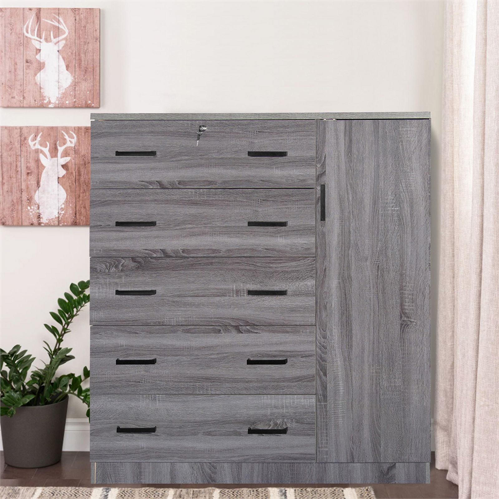 Pemberly Row 5 Drawer Wooden Tall Chest Wardrobe in Gray Finish
