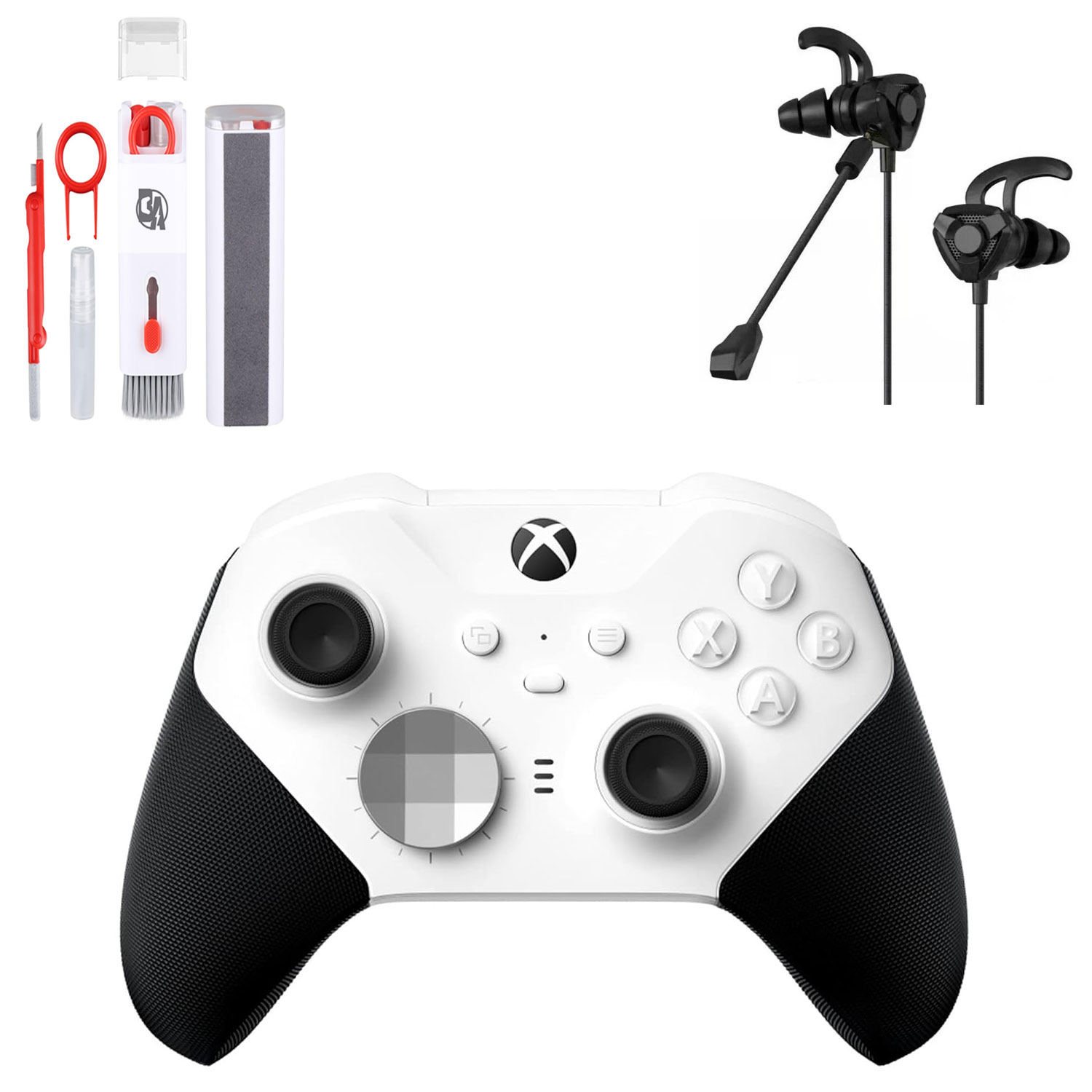 Xbox Elite Series 2 Wireless Gaming Controller White For Xbox Console With Black Gaming Buds + Cleaning Kit BOLT AXTION Bundle Like New