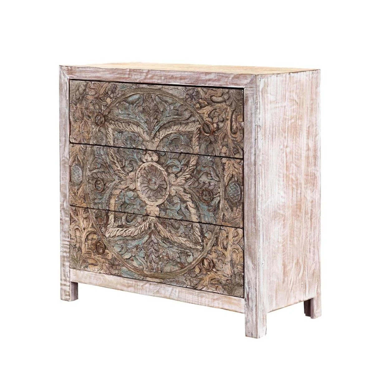 Majestic Floral Hand Carved Mango Wood Small White Dresser with 3 Drawers