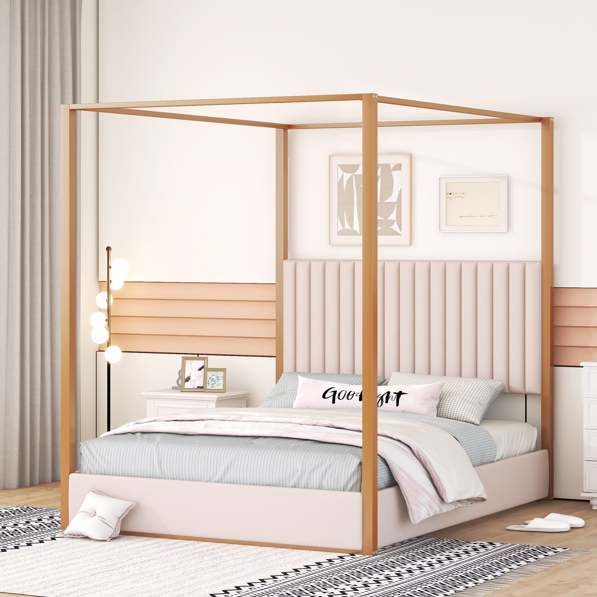 Euroco Upholstery Queen Size Canopy Platform Bed with Upholstery Headboard and Metal Bed Frame, Beige