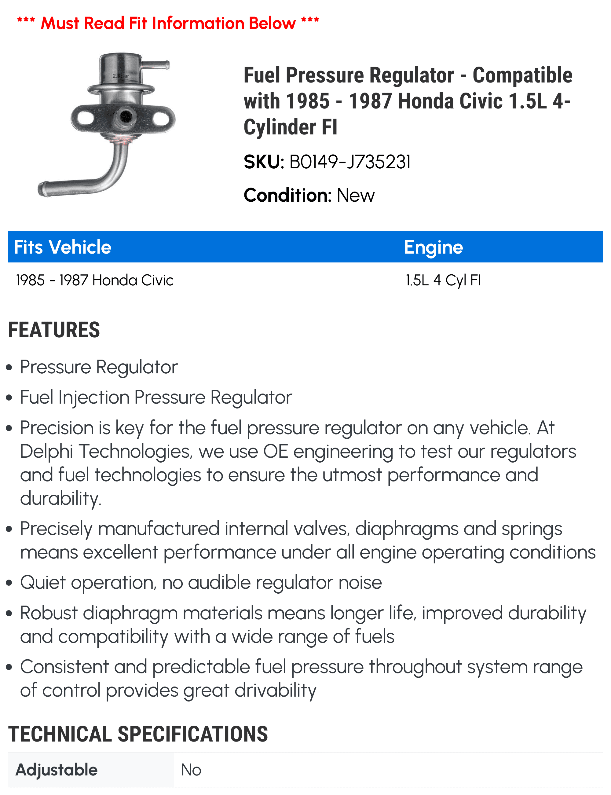 Fuel Pressure Regulator - Compatible with 1985 - 1987 Honda Civic 1.5L 4-Cylinder FI 1986