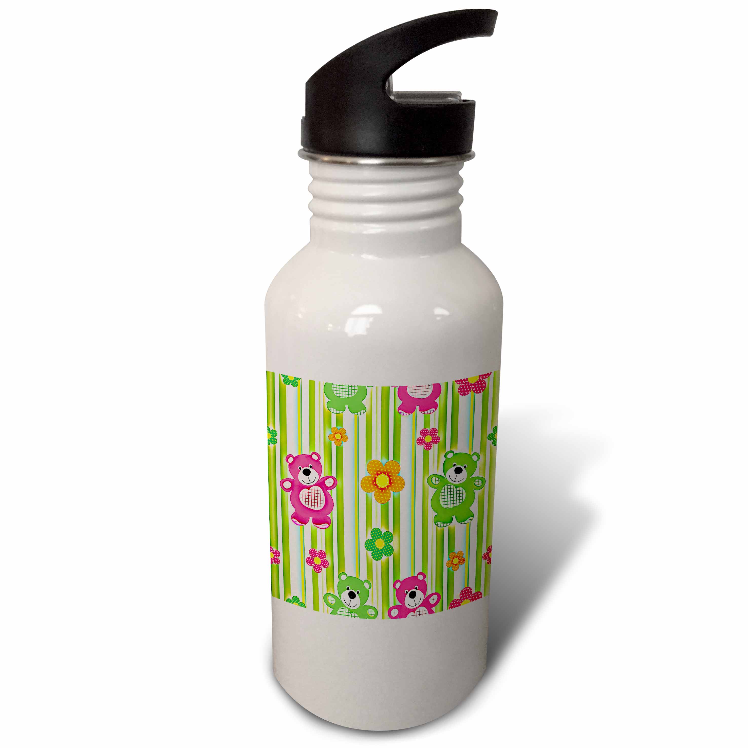 Teddy Bear fun with colorful flowers and stripes 21 oz Sports Water Bottle wb-167234-1