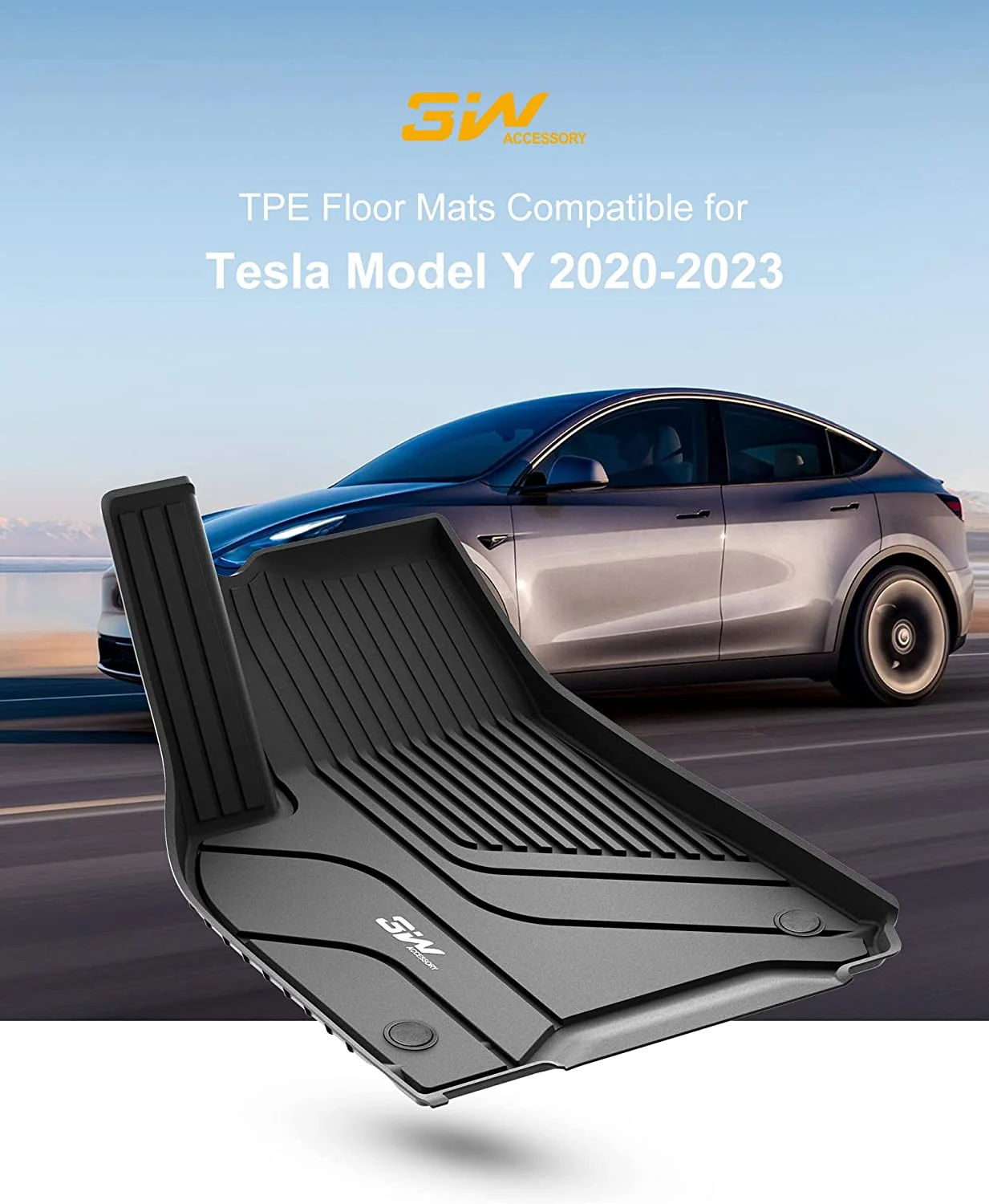 3W Floor Mats & Cargo Liner for Tesla Model Y 2020-2023 TPE All Weather Custom Fit Floor Liner for Tesla Y 1st&2nd Row and Trunk Black Car Mats