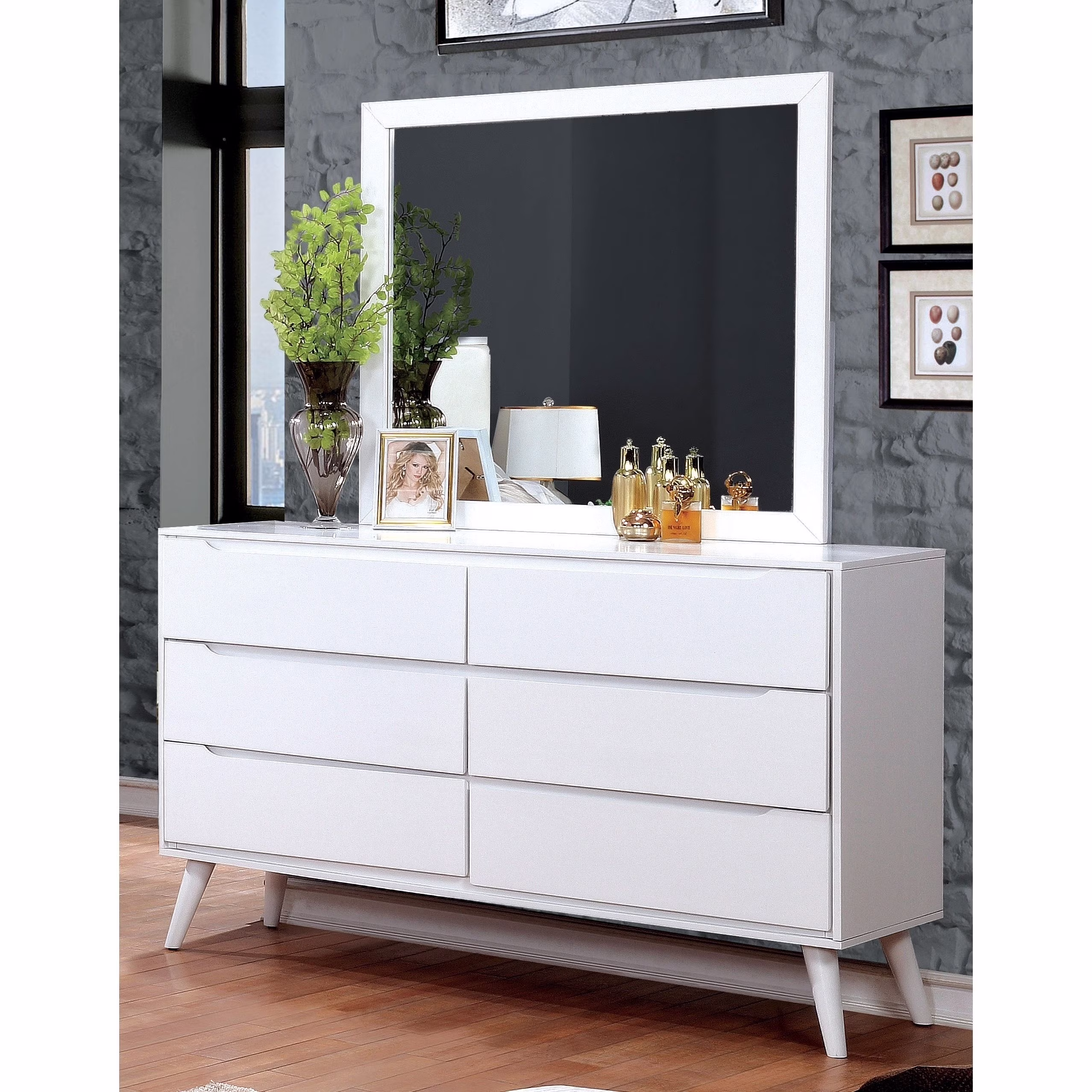Furniture of America Fopp Mid-Century Modern 2-piece 6-Drawer Dresser and Mirror Set by  White Painted Light Wood