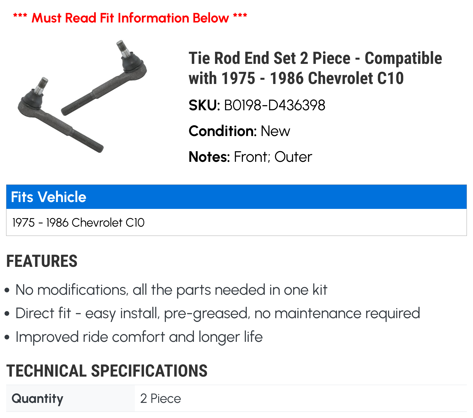 Tie Rod End Set 2 Piece - Compatible with 1975 - 1986 Chevy C10 1976 1977 1978 1979 1980 1981 1982 1983 1984 1985