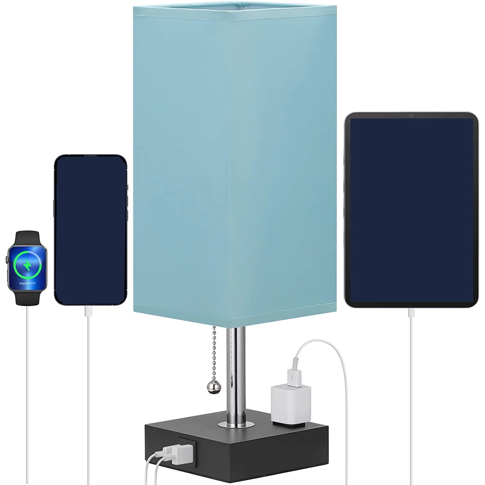 Teal Bedside Lamp USB Port - Table Lamp with USB C + A Charging Port & AC Outlet for Bedroom, Small Nightstand Light for Dresser
