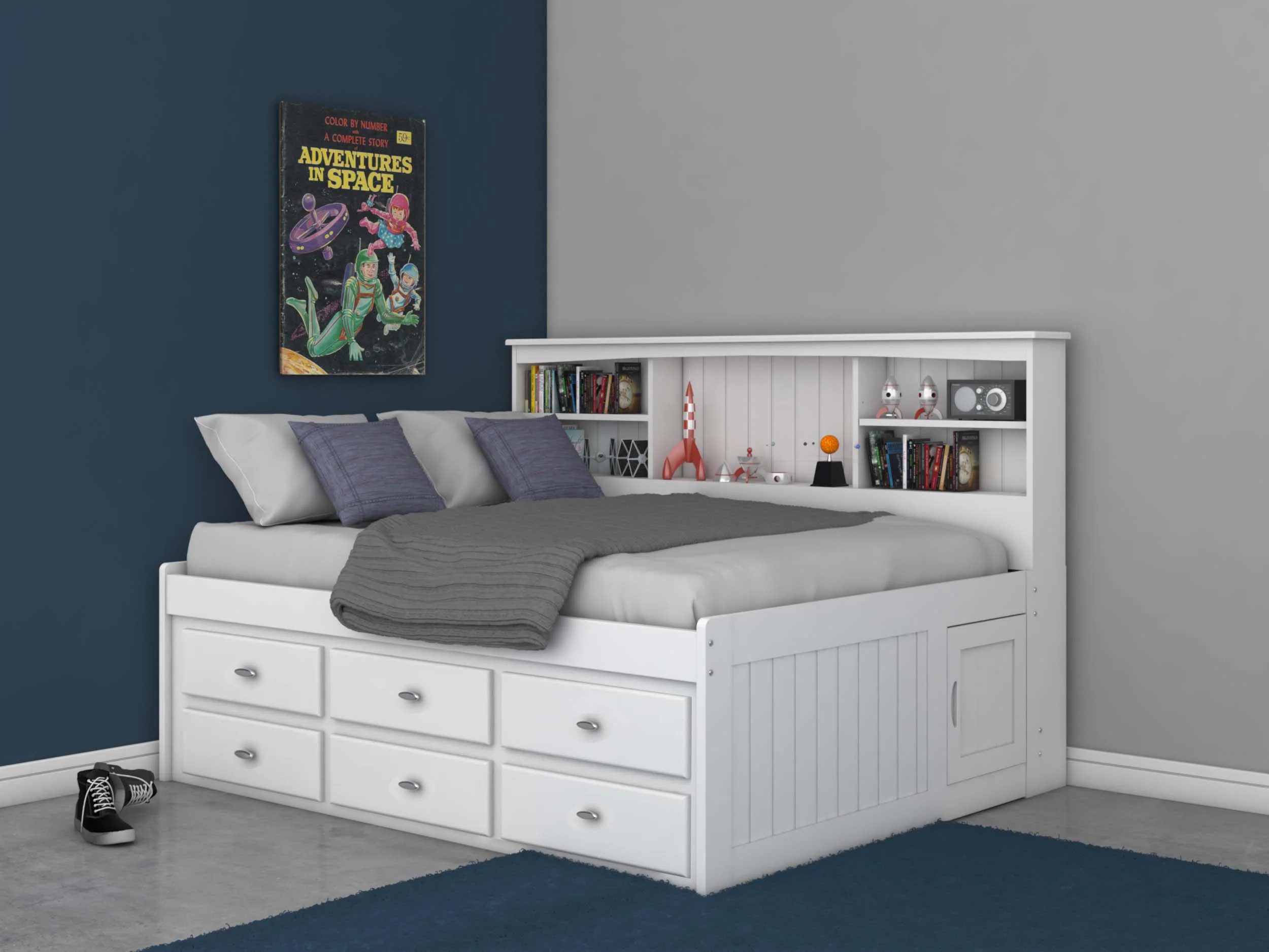 OS Home and Office Furniture, Model 80223K3-22, Solid Pine Full Bookcase Daybed with 3 Drawers and a Twin Trundle in Casual White