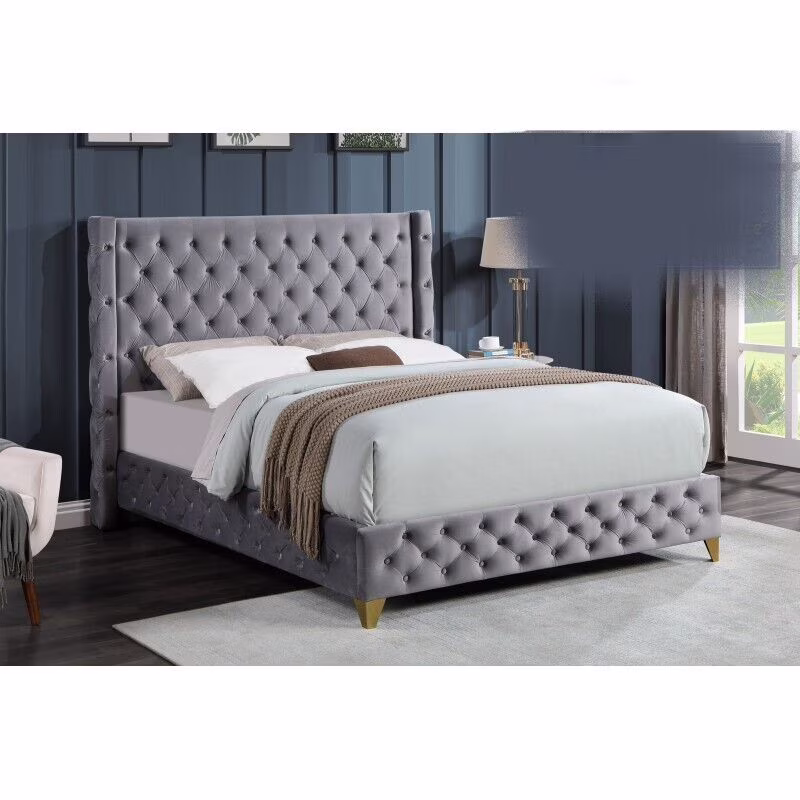 Contemporary King Platform Bed 1pc Gray Velvet Upholstered Fully Button Tufted Modern Bedroom Furniture