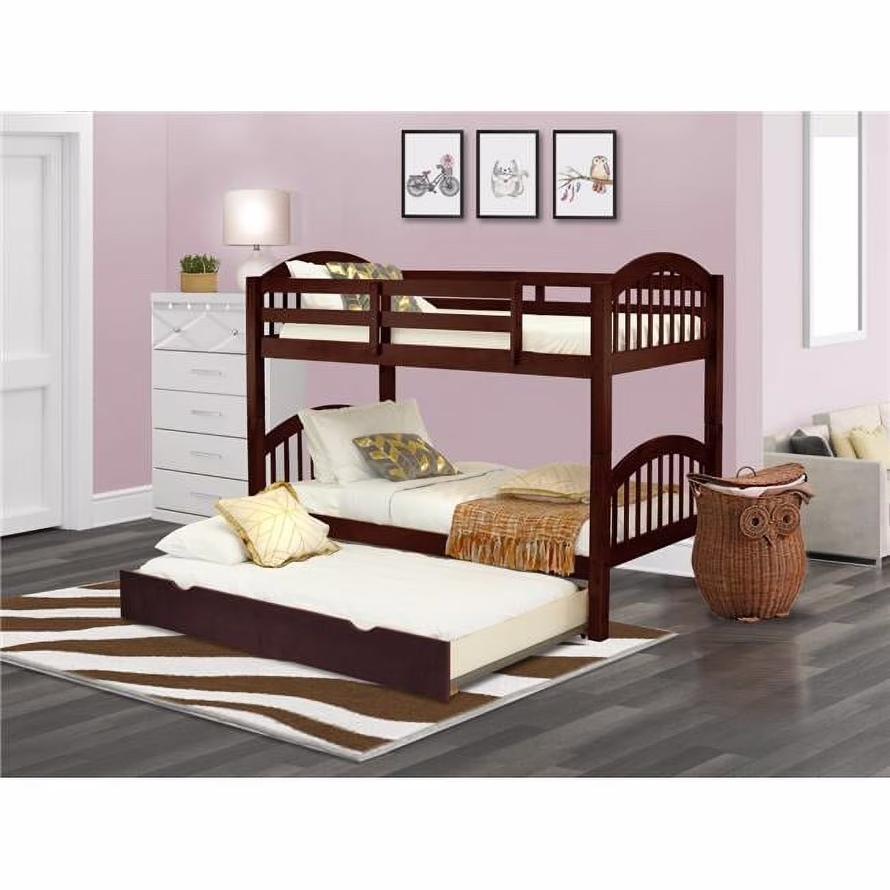 East West Furniture  Verona Twin Size Bunk Bed with Convertible Trundle & Drawer - Java