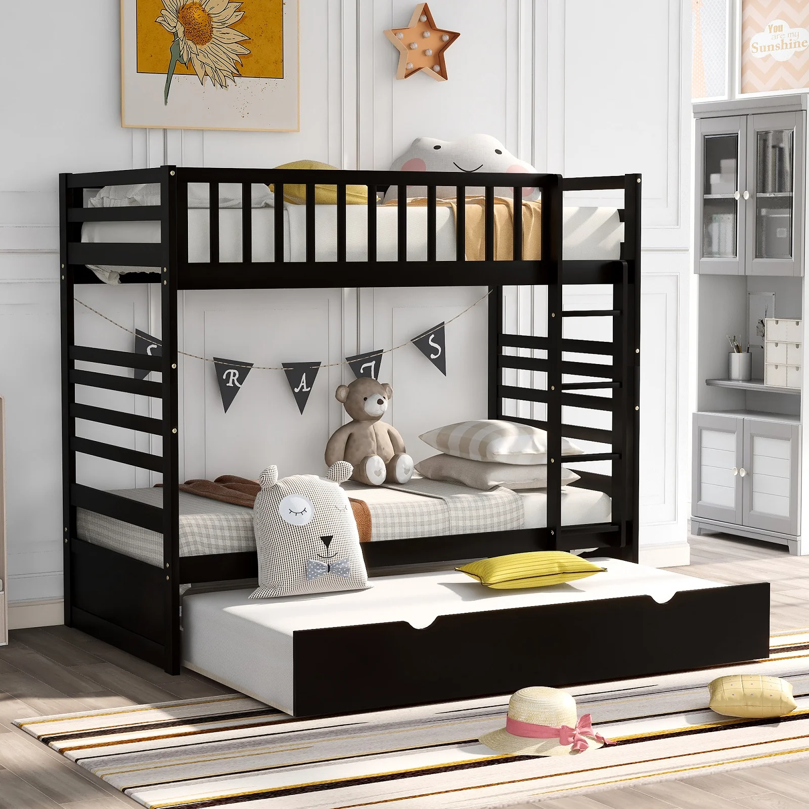 Twin Over Twin Bunk Beds with Safety Rail and Movable Trundle Bed Twin Over Twin Pull-Out Bunk Beds, Solid Wood No Box Spring Needed