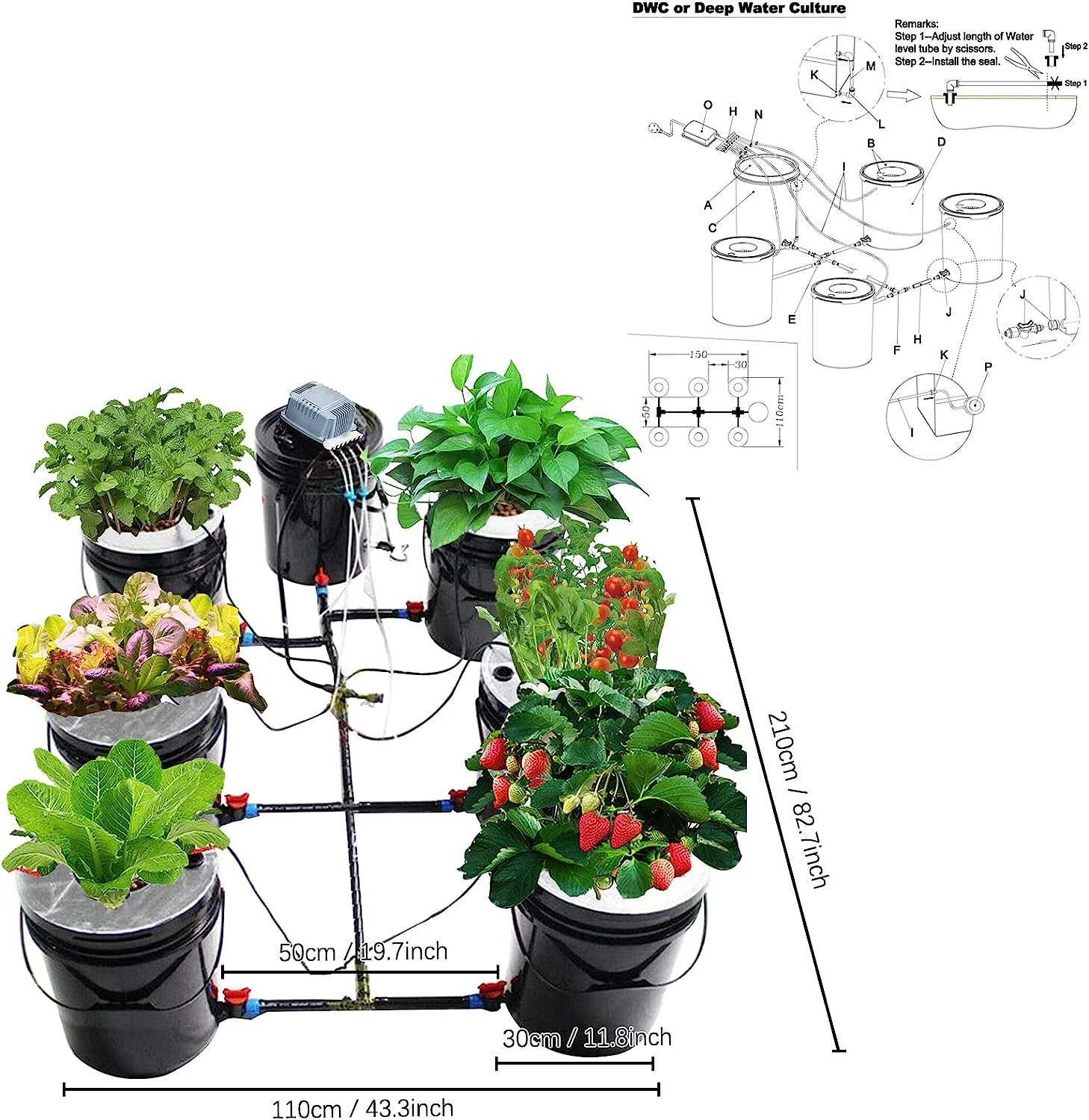Aiqidi DWC Hydroponics Growing System, 5 Gallon 6 Buckets Recirculating Growing Kit Deep Water Culture with Water Exchange Bucket
