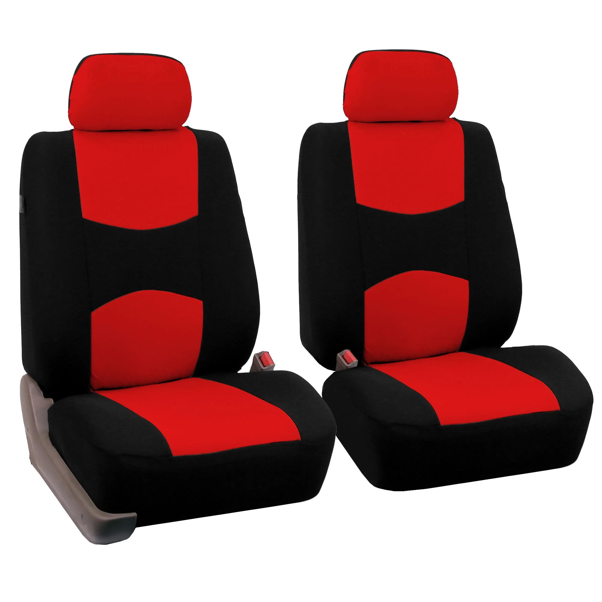 FH Group Flat Cloth Seat Covers for Auto, Full Set with Leather Steering Wheel Cover, Red Black