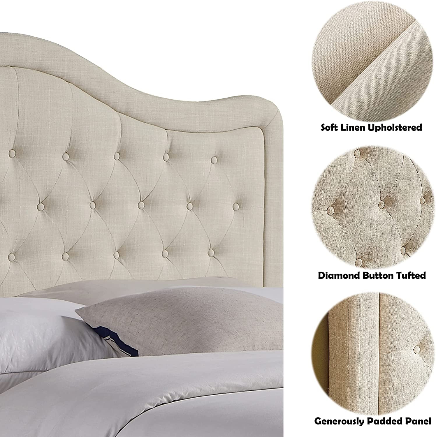 QCAI Grayson Adjustable Headboard Bed with Fine Polyester and Button Tufting for Bedroom, Full, Sand