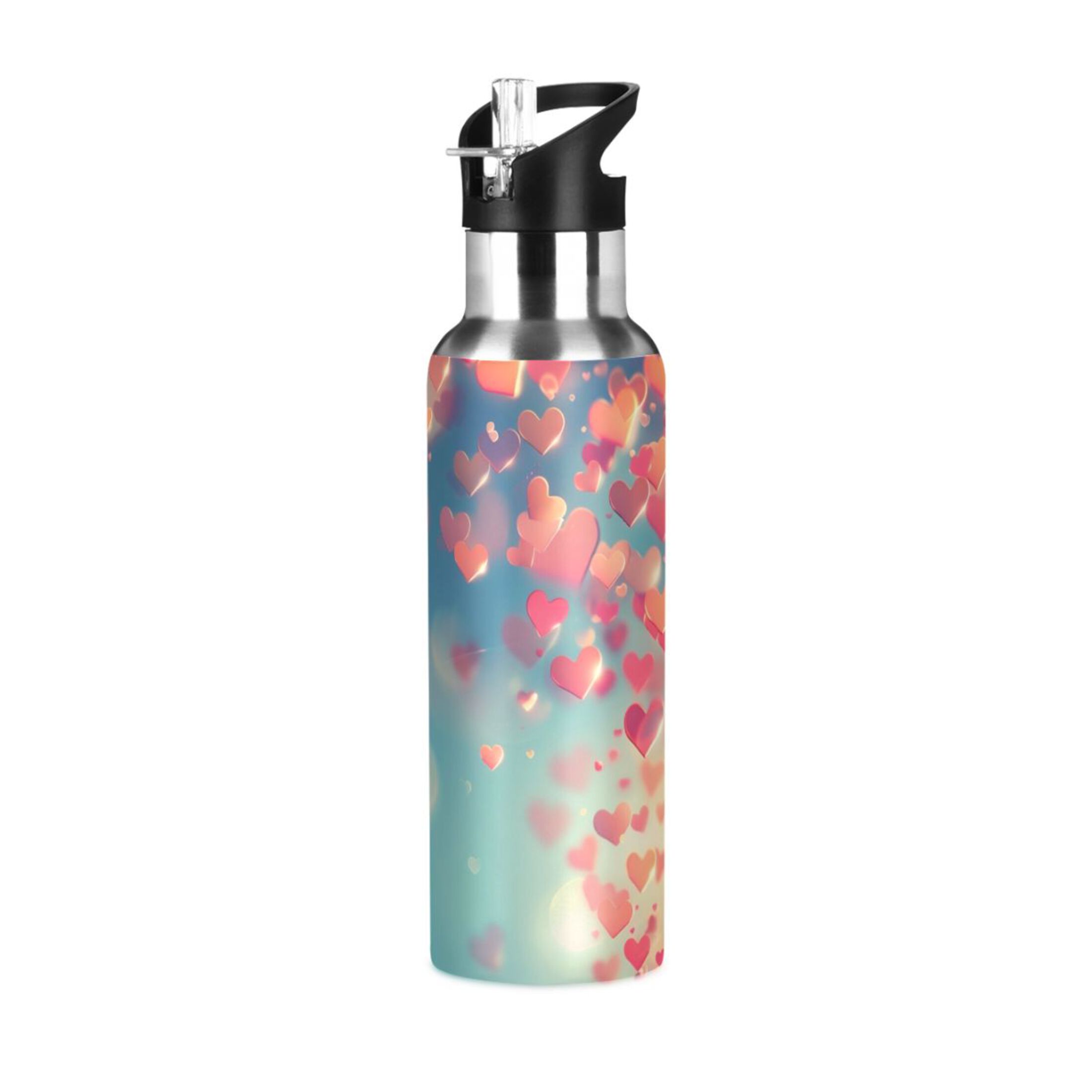 Beautiful Hearts Water Bottles Insulated Thermos Kids Stainless Steel Bottle with Straw Lid Flask Leakproof for Sports Gym 20 oz