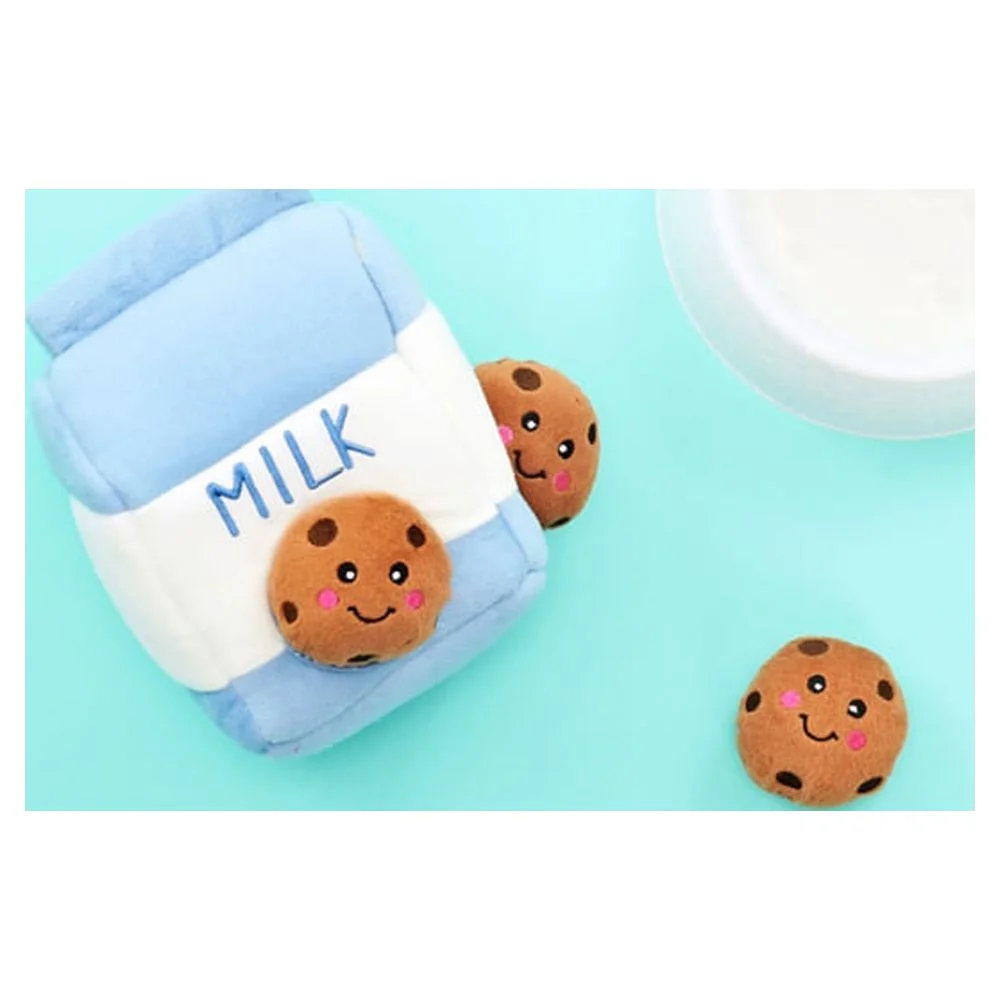 ZippyPaws Food Buddies Burrow, Interactive Squeaky Hide and Seek Plush Dog Toy - Milk and Cookies