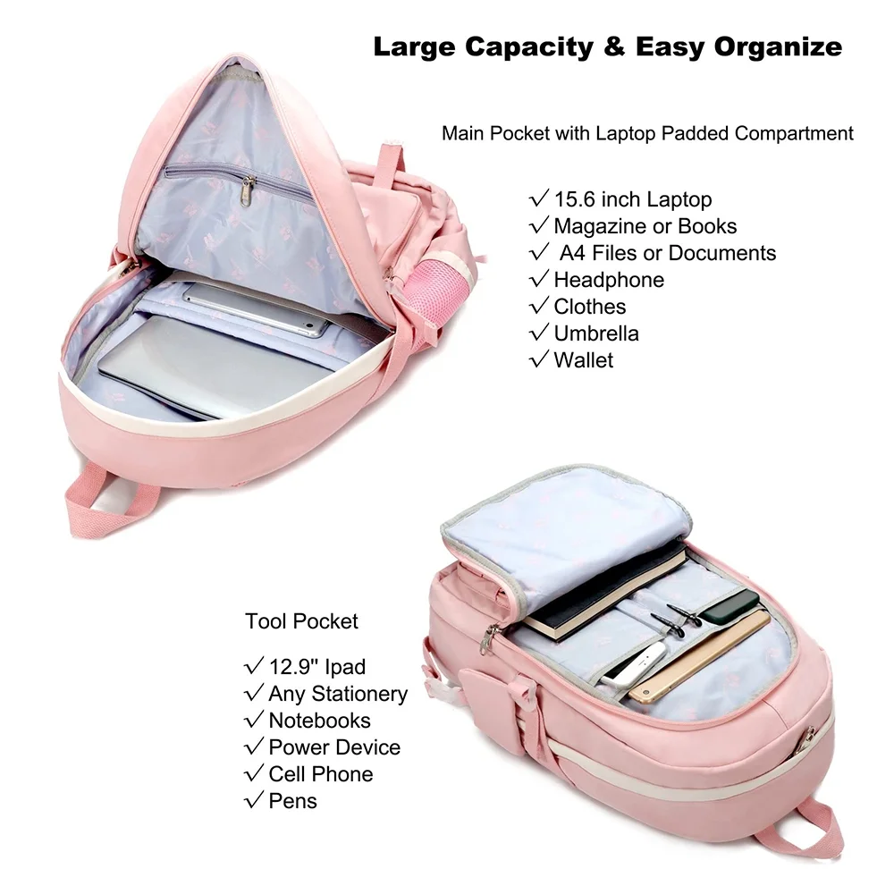 VATENIC School Backpacks with Cute Accessories Casual Daypack Laptop Backpack Water Resistant Travel Rucksack for Teen Girls High School Middle Bookbag Light Pink
