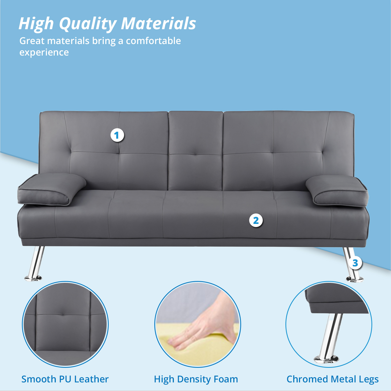 Convertible Faux Leather Futon Sofa Bed, Folding Sofa Couch with arm rest, 2 cup holders and Chrome metal Legs, Gray