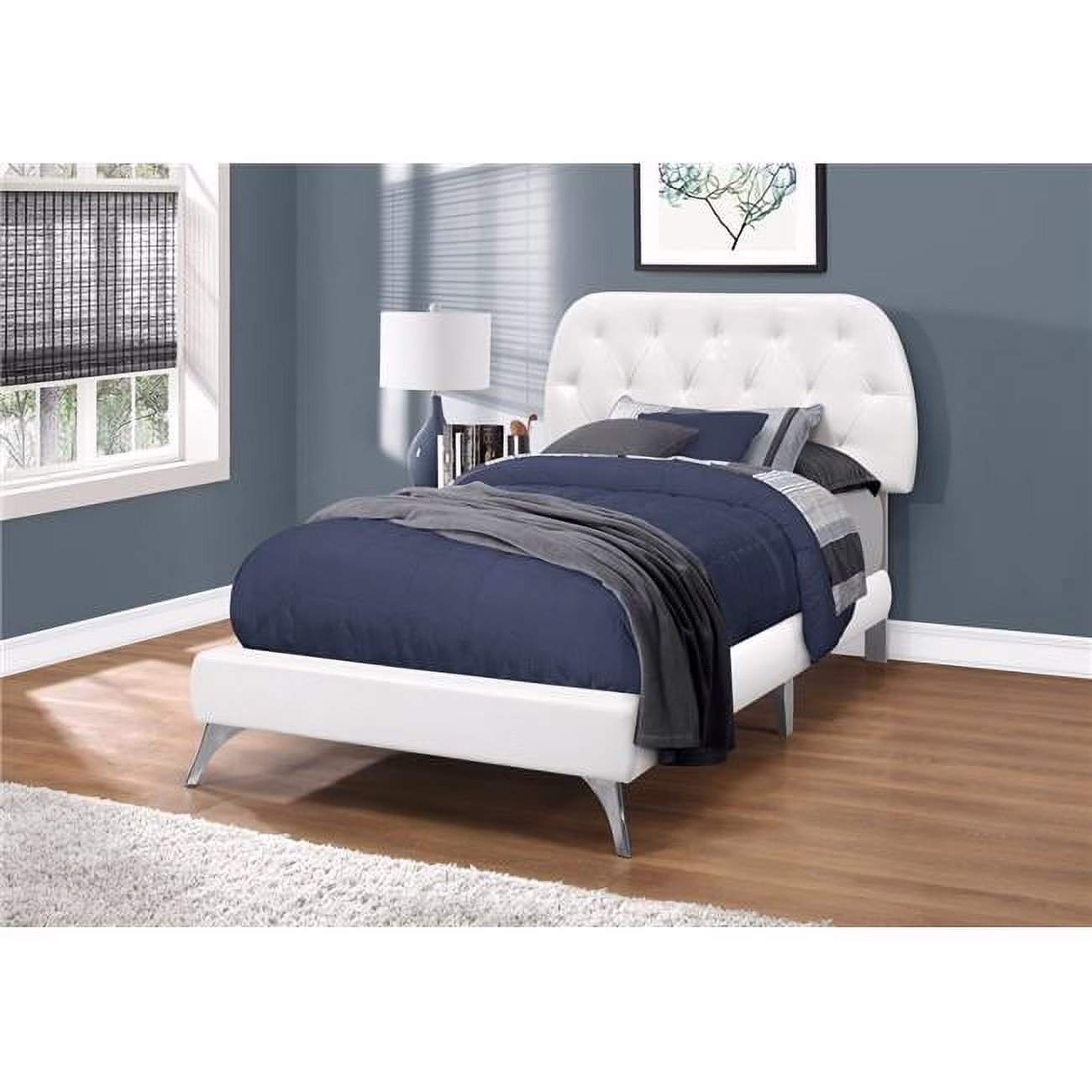 White Leather-Look Bed with Chrome Legs - Twin Size