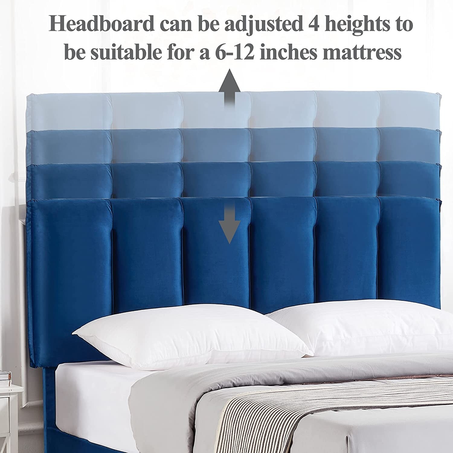 Javlergo Tufted Upholstered Bed Frame with Adjustable Height Headboard Blue - Queen