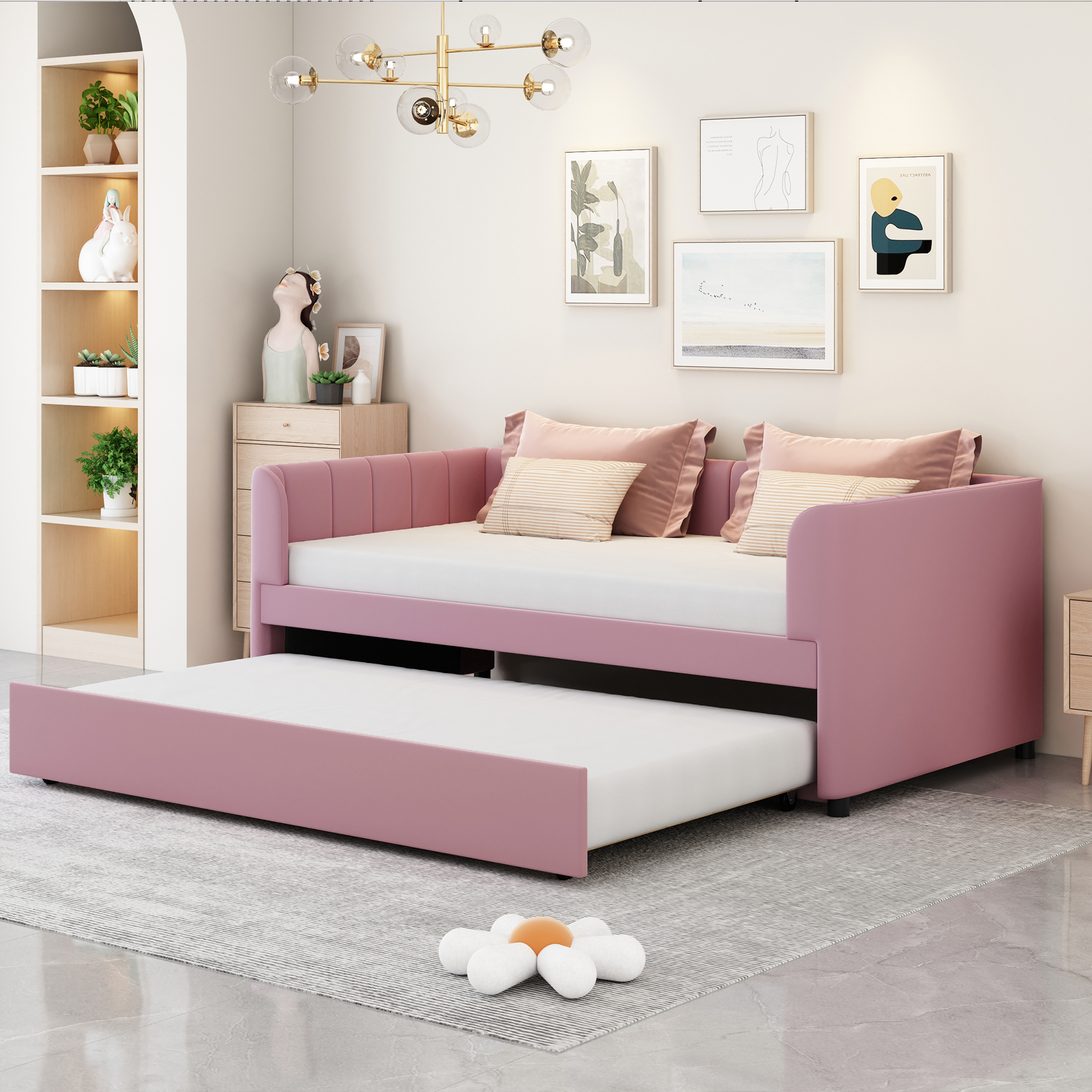 Twin Upholstered Daybed with Ergonomic Backrest & Trundle, Pink - Fits Twin Mattress