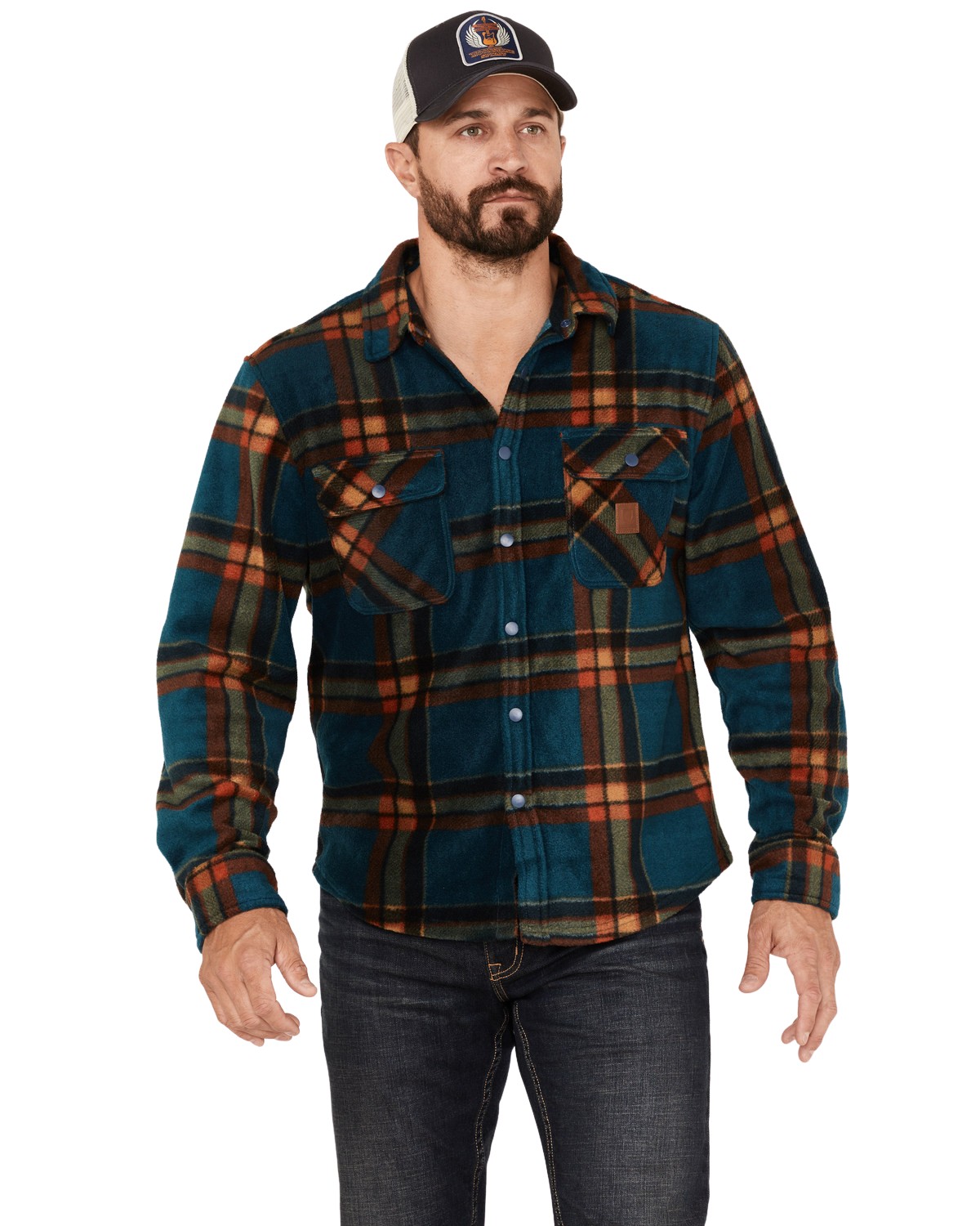 Brixton Men's Plaid Print Bowery Long Sleeve Arctic Stretch Fleece Jacket Teal Small  US
