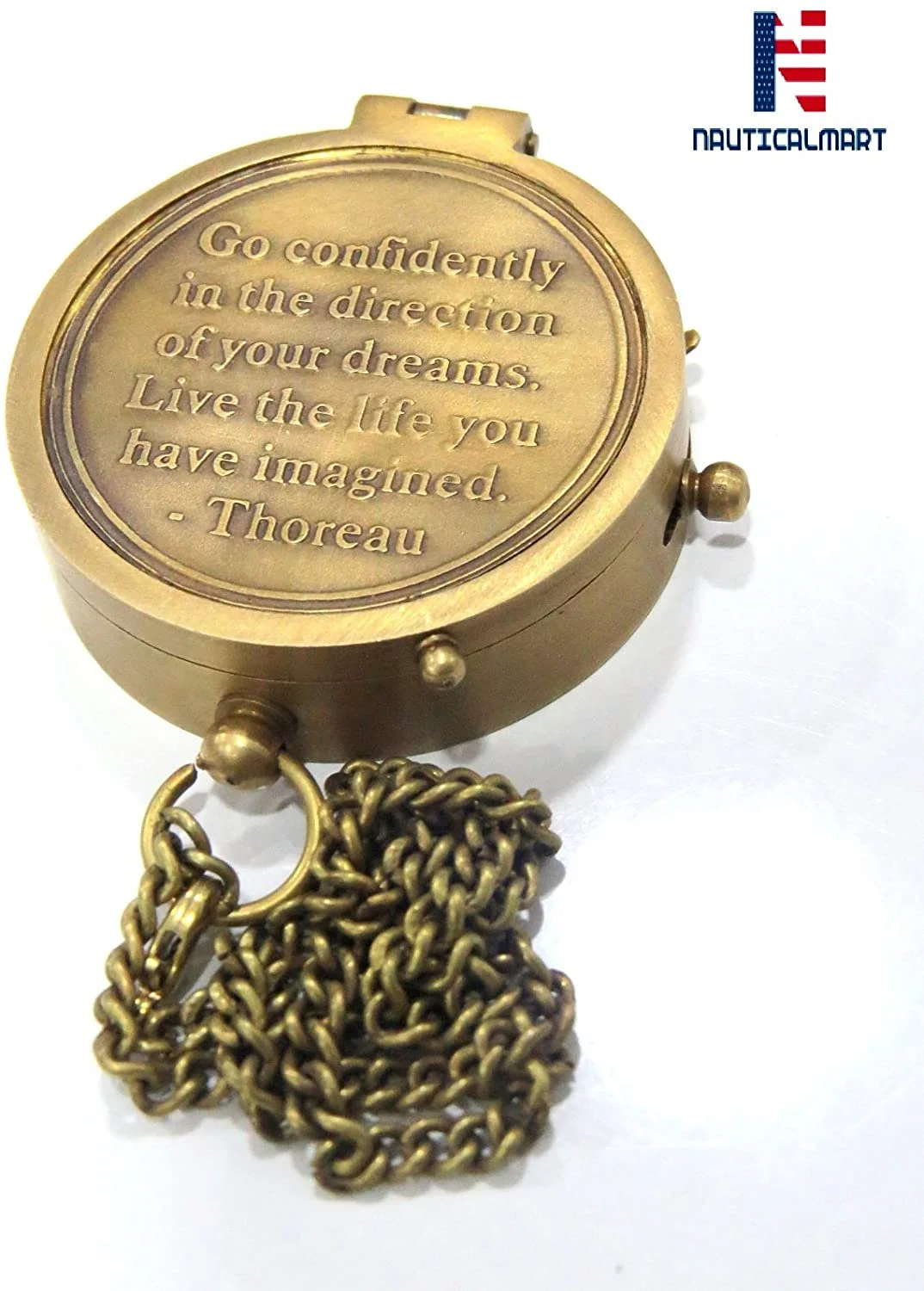 NauticalMart Brass Compass (Thoreau's Go Confidently Quote Engraved Compass with Stamped Leather case.