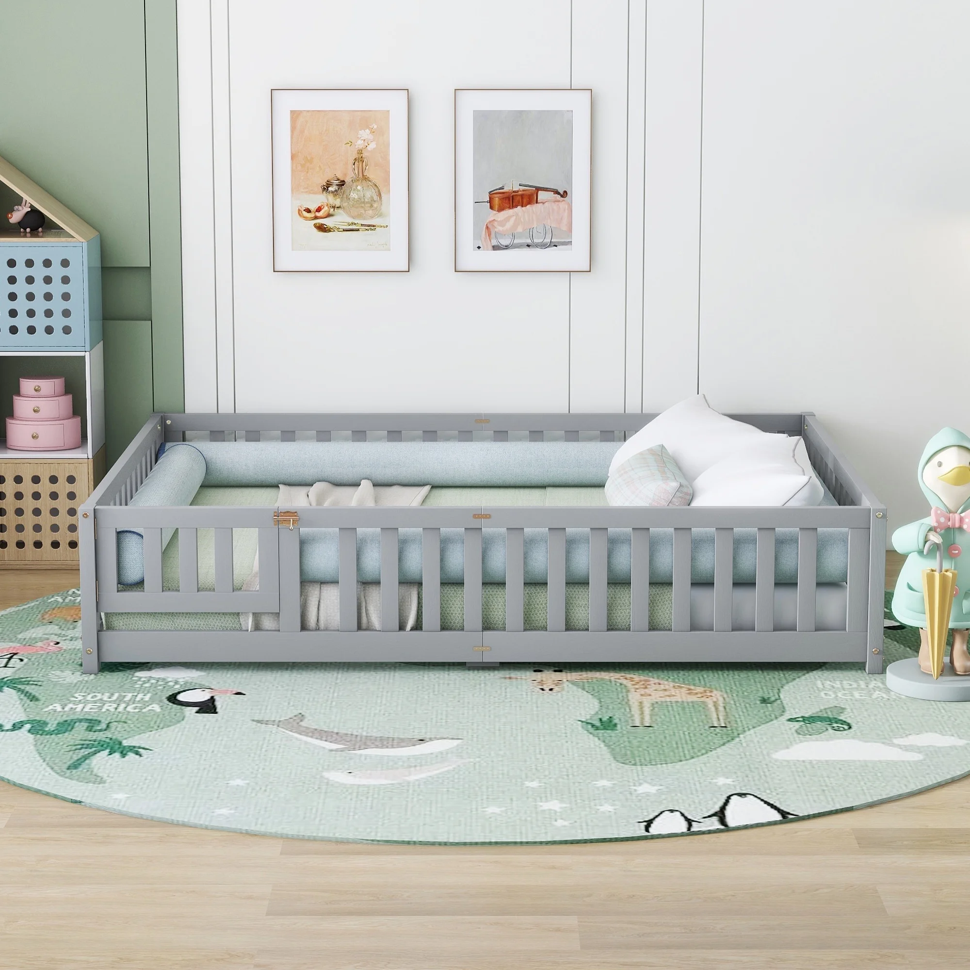 CoSoTower Queen Size Bed Floor Bed with Safety Guardrails and Door for Kids, Gray (Expect Arrival Date Nov.2Nd)