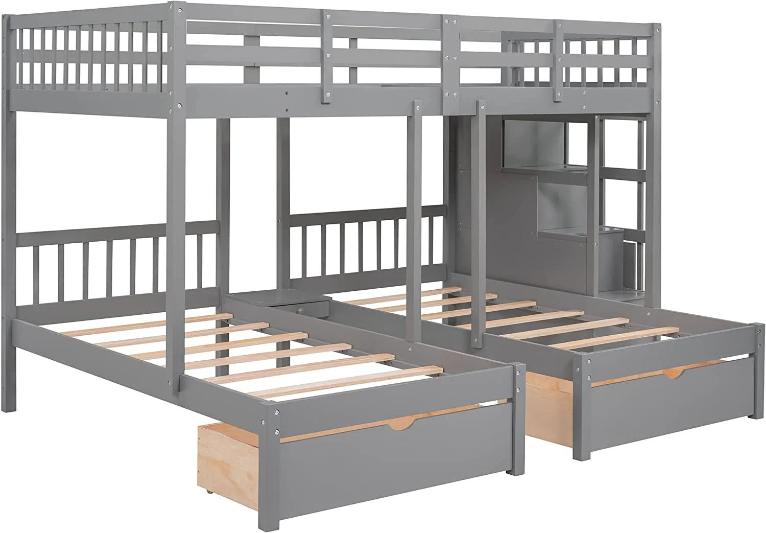 Full Over Twin & Twin Bunk Bed, Wood Triple Bunk-Beds with Drawers and Guardrails,White