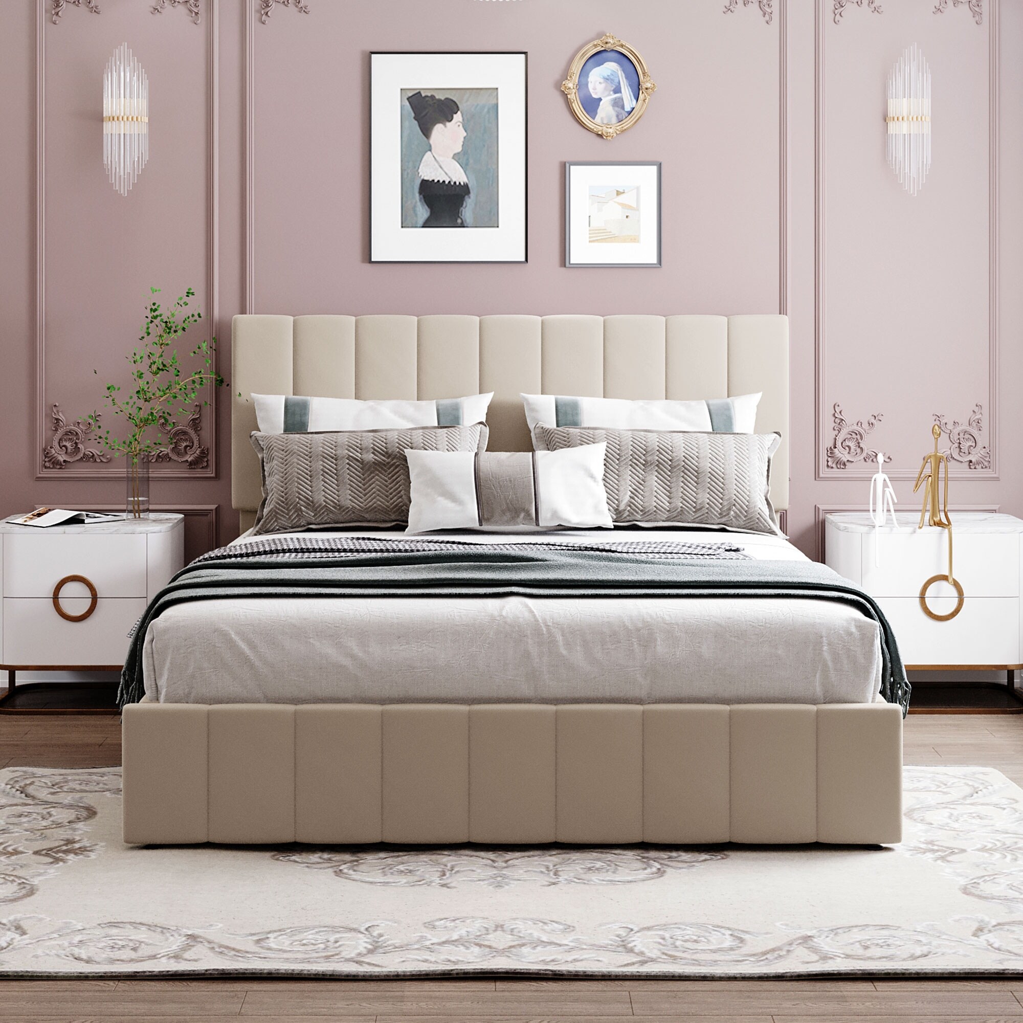 Queen Size Upholstered Bed with Hydraulic Storage & Tufted Headboard