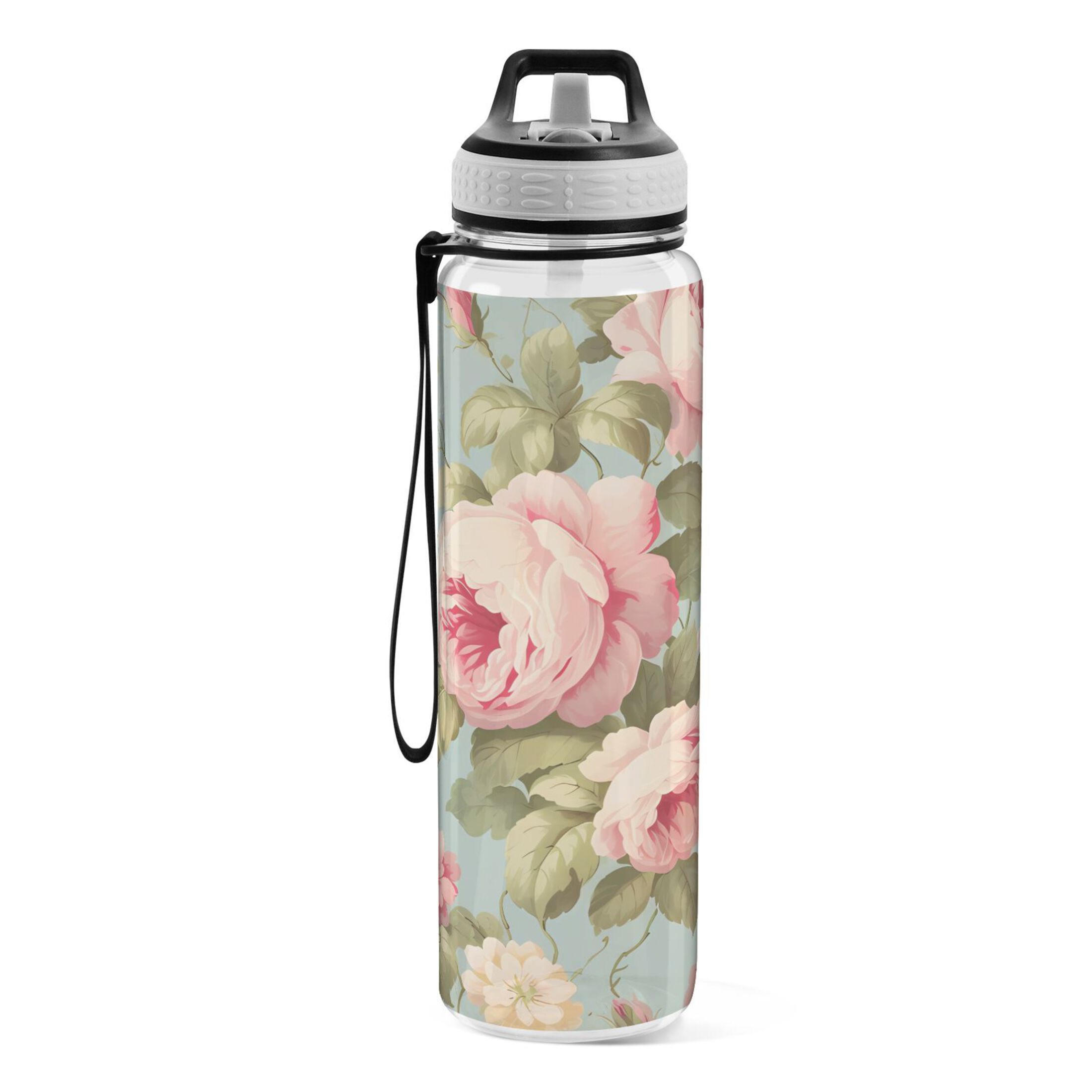 Leaves and Flowers Pink 32oz Water Bottles with Straw Tritan Leakproof Sports Bottle BPA Free Clear for Fitness Gym Swimming Cycling