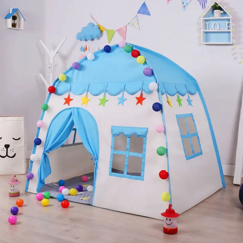 Children's Tent Indoor Outdoor Games Garden Tipi Princess Castle Folding Cubby Toys Tents Enfant Room House Teepee Playhouse blue