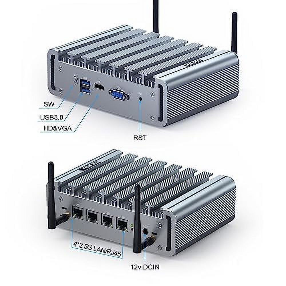 VENOEN Fanless Firewall Micro Appliance Mini PC Router, 11th gen Celeron N5105, 4 2.5Gbe i225 LAN, 4GB DDR4 RAM 128GB SSD, SATA HDD, HD-MI, VGA, WiFi, Small Form Computer, Windows 10/Linux