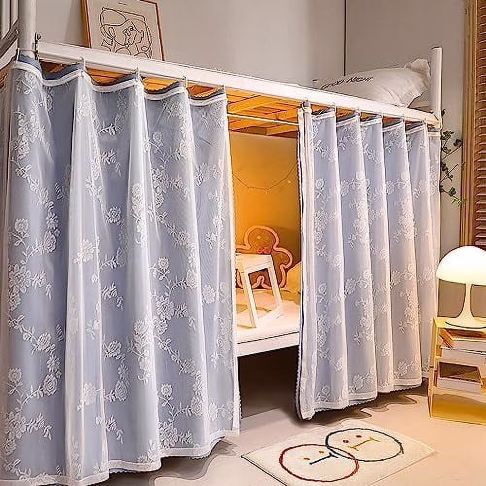HBBOOMLIFE Bunk Bed Tent for Bottom Bunk  Romantic Floral Yarn Thick Lighttight Cloth  Bed Curtain for Bedroom Dorm  2Pcs for 3 Sides (Blue 42''H)