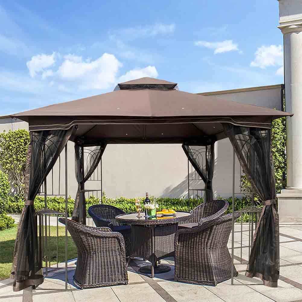 Outdoor Gazebo and Pergola 10*10 Family Yard Pergola Detachable Mesh Screen on all Sides,Suitable for Lawn, Garden, Backyard and Deck,Brown Top