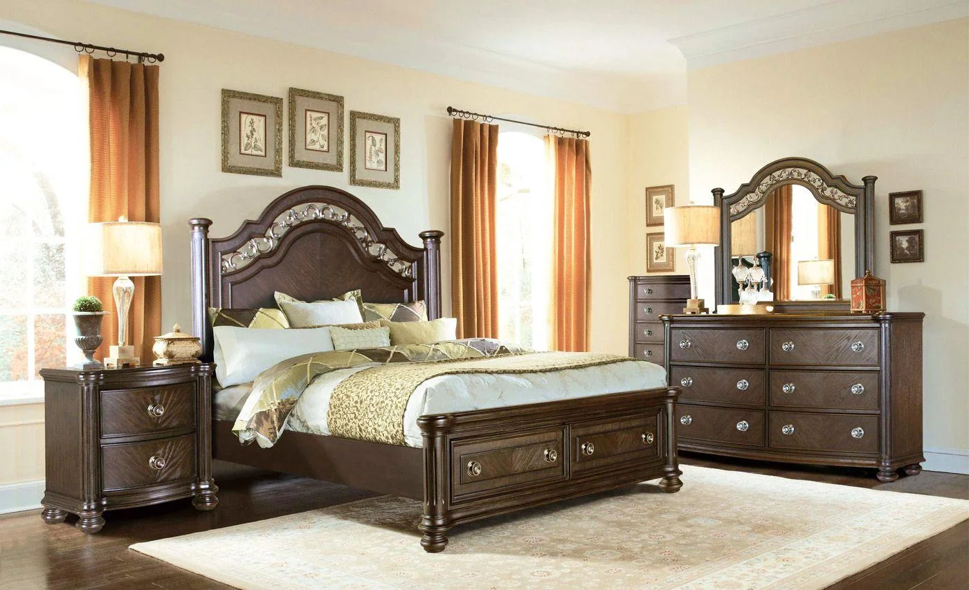 Traditional Chestnut Poster Queen Bed Set 6Pcs w/Footboard Storage McFerran B146